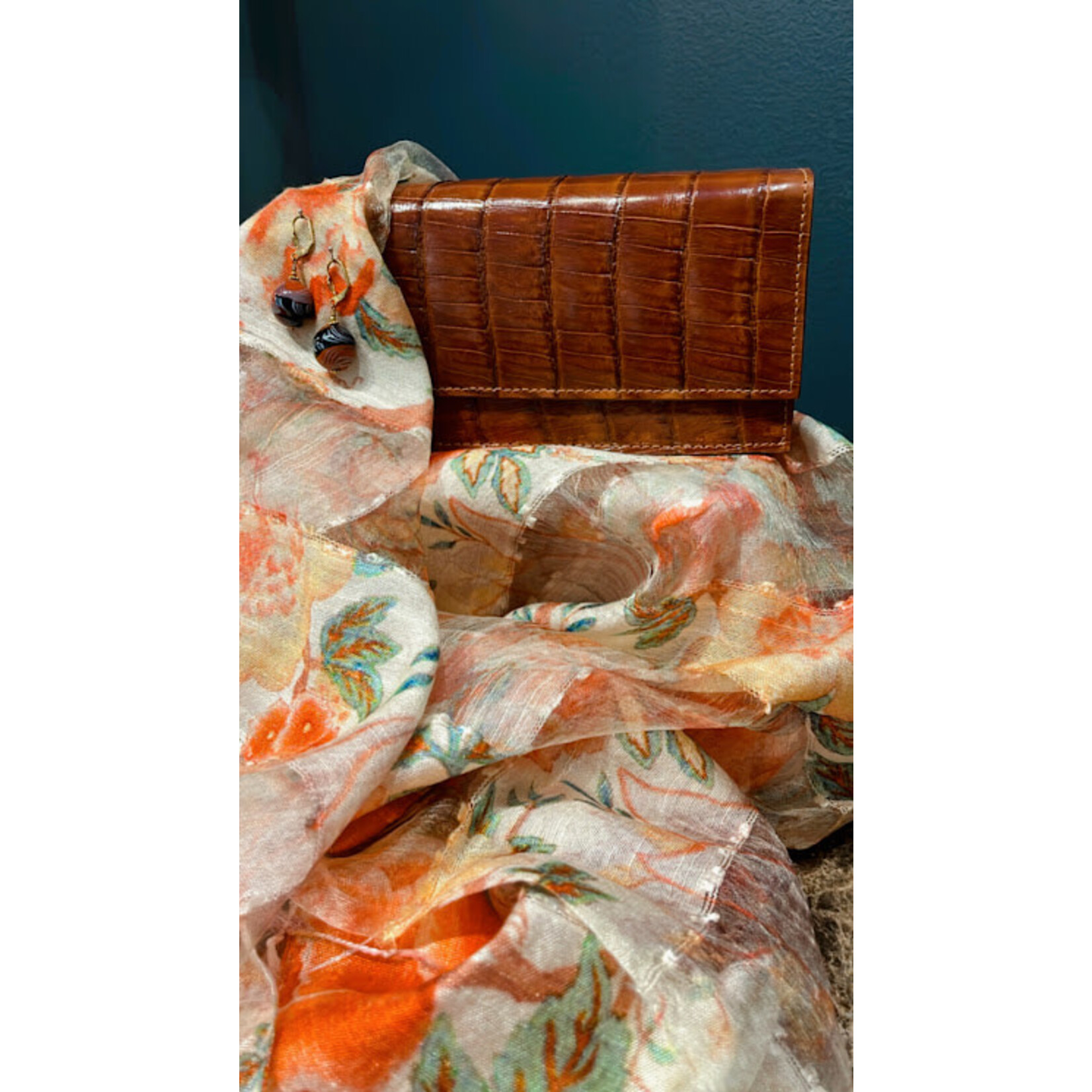 John Cole Cognac Messina Large Crocodile Overlap Clutch Handbag