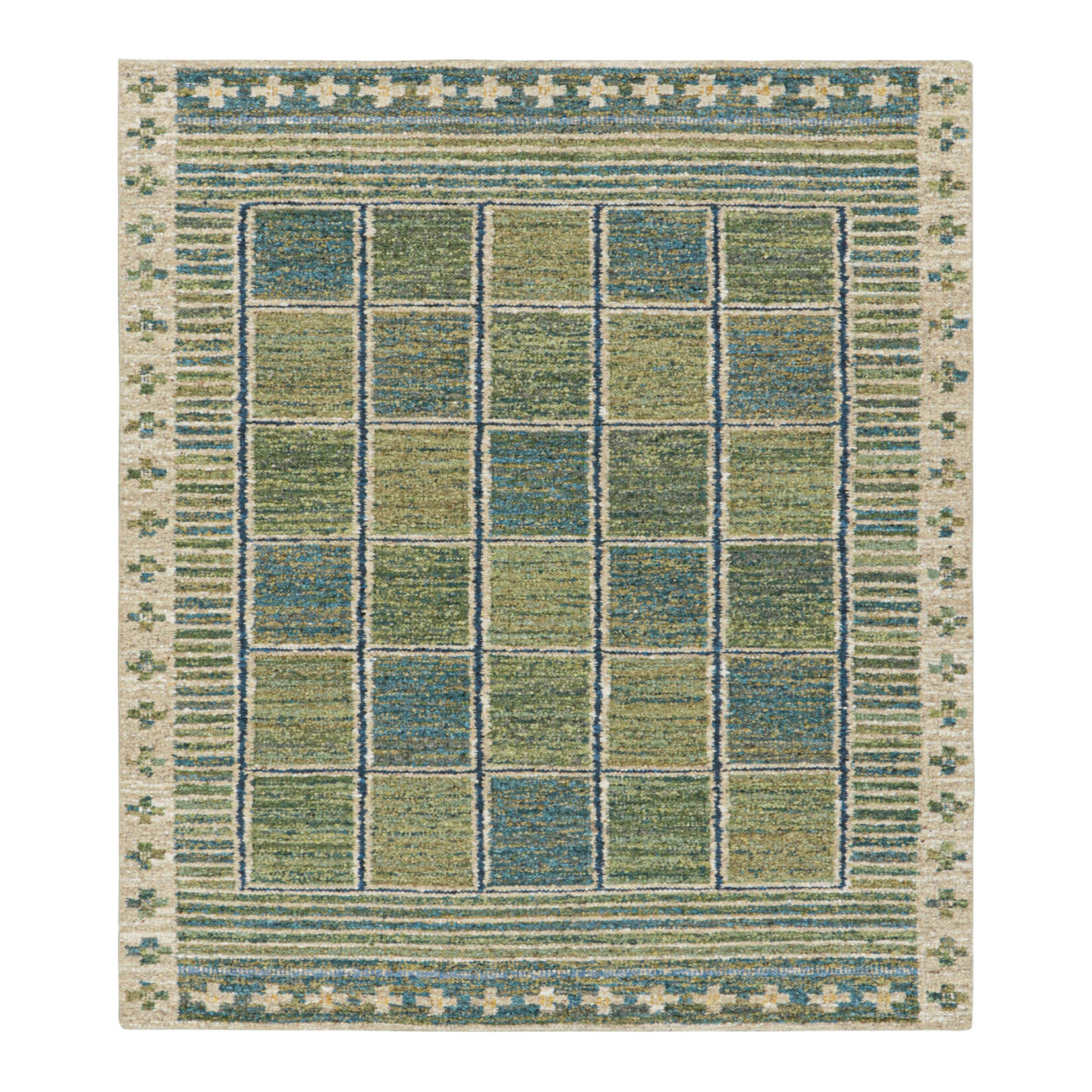 Rug & Kilim Scandinavian Rug in Green & Blue with Geometric Patterns 8'9"x10'1"