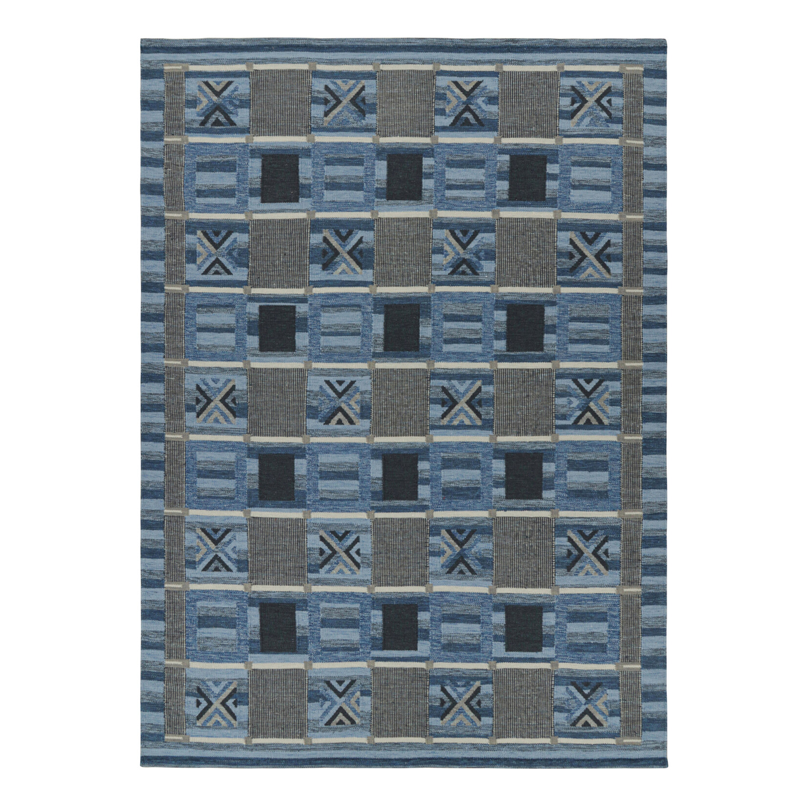 Rug & Kilim Scandinavian Rug in Gray & Blue Geometric Patterns 10'1"x13'11"