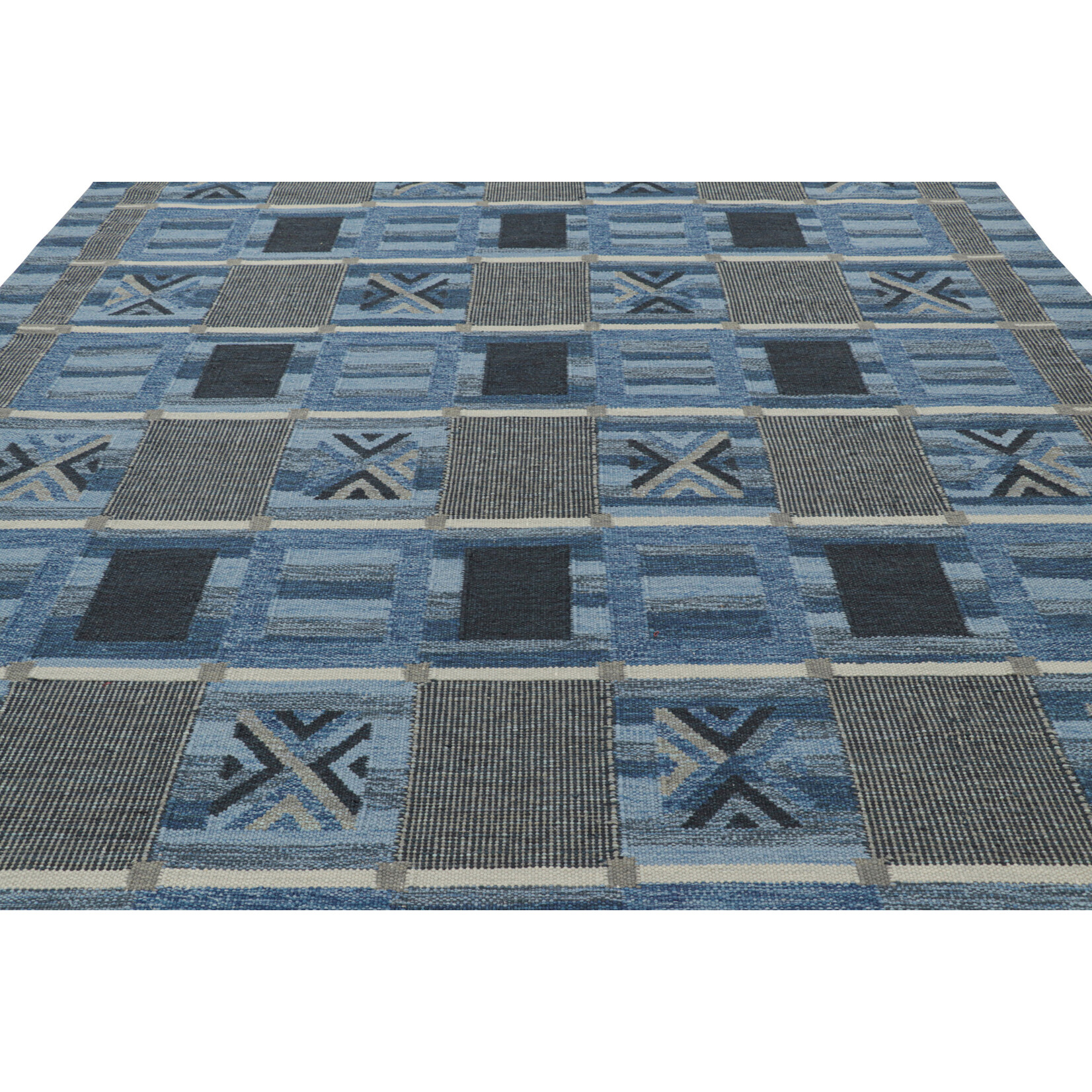 Rug & Kilim Scandinavian Rug in Gray & Blue Geometric Patterns 10'1"x13'11"