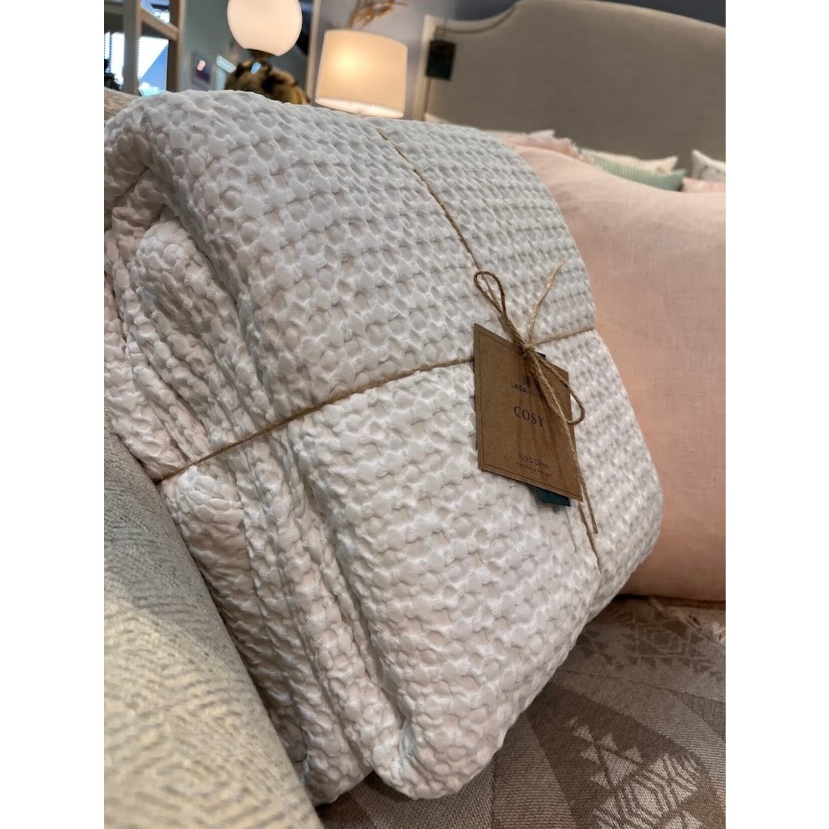 Anaya Stonewashed White Cotton Waffle Bed Blanket Queen King