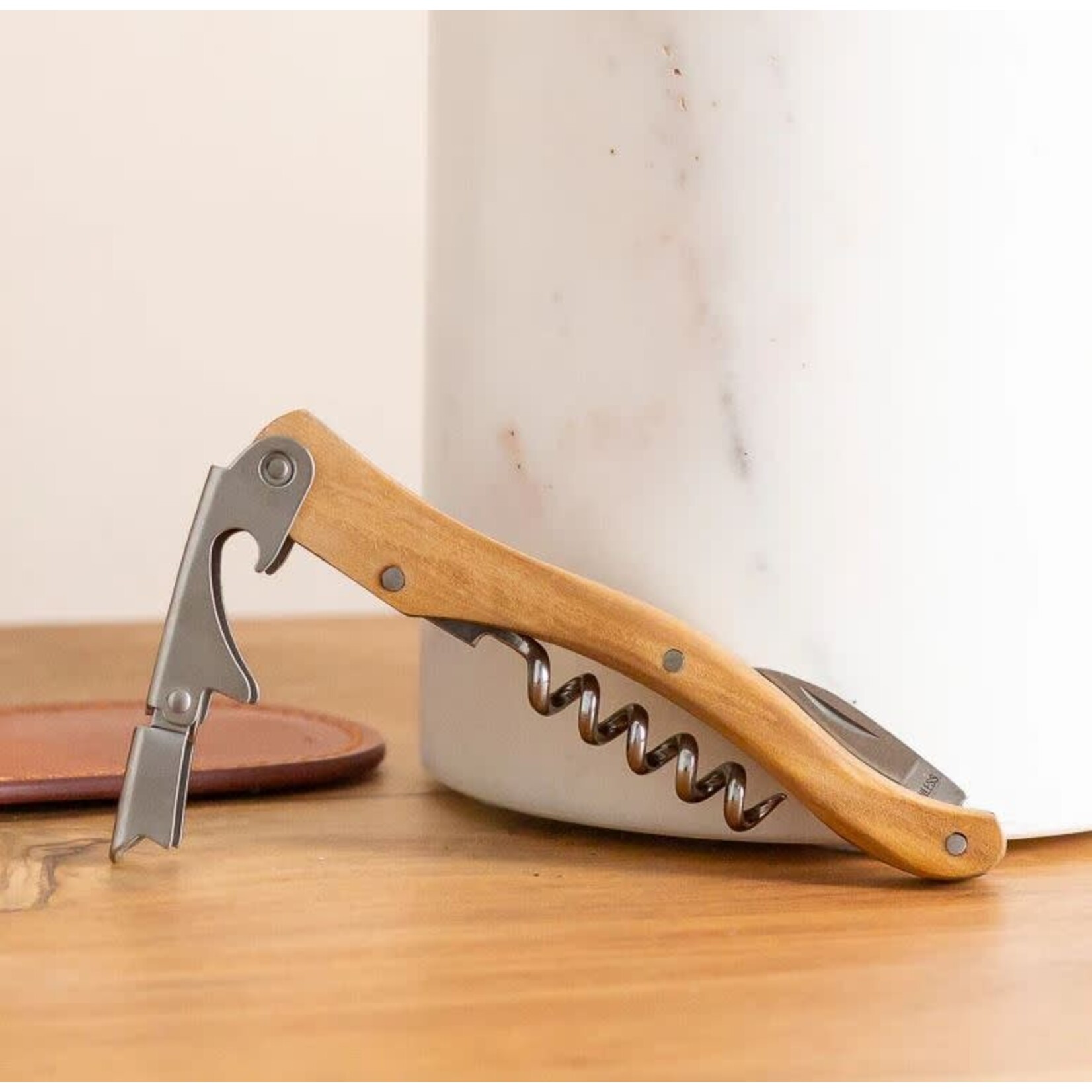 be Home French Dry Goods Large Olivewood Corkscrew in Leather Pouch