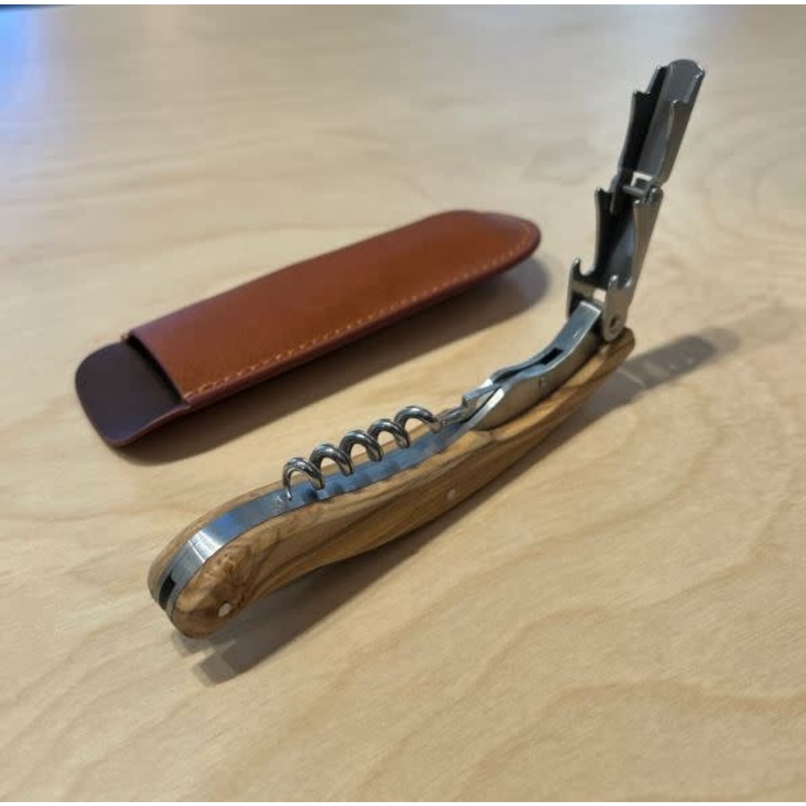 be Home French Dry Goods Large Olivewood Corkscrew in Leather Pouch