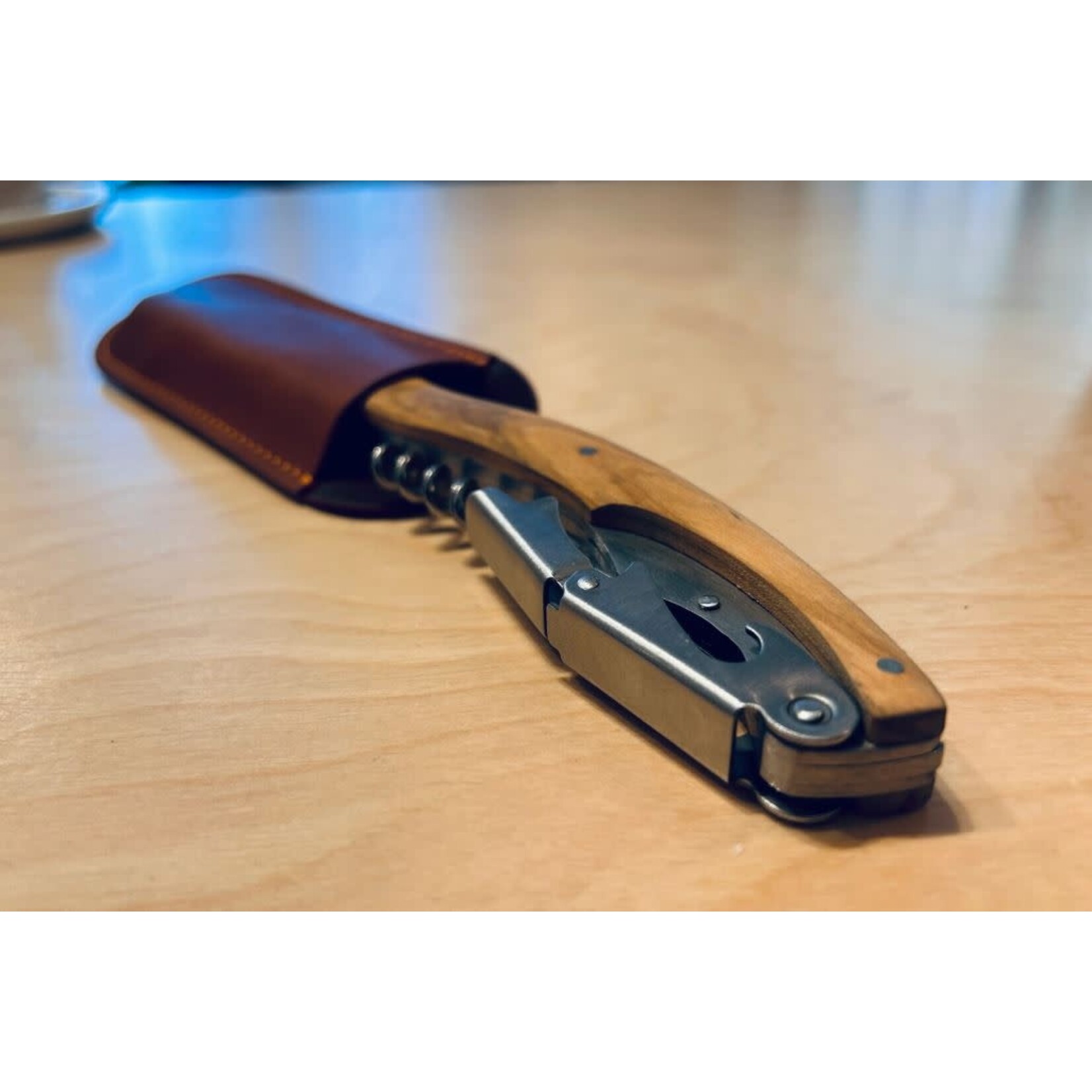 be Home French Dry Goods Large Olivewood Corkscrew in Leather Pouch