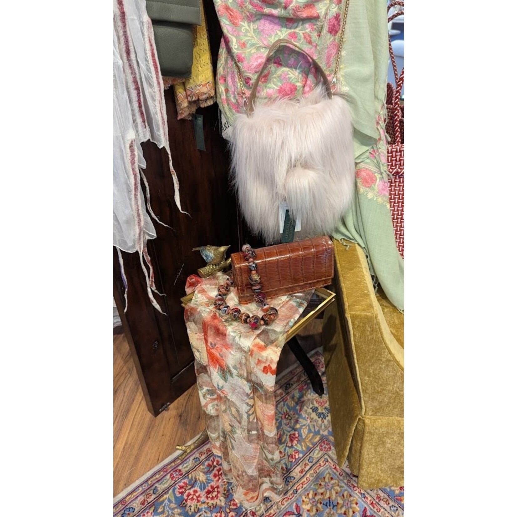 David Jeffery Embroidered Floral Arri Stole Shawl Pink & Green