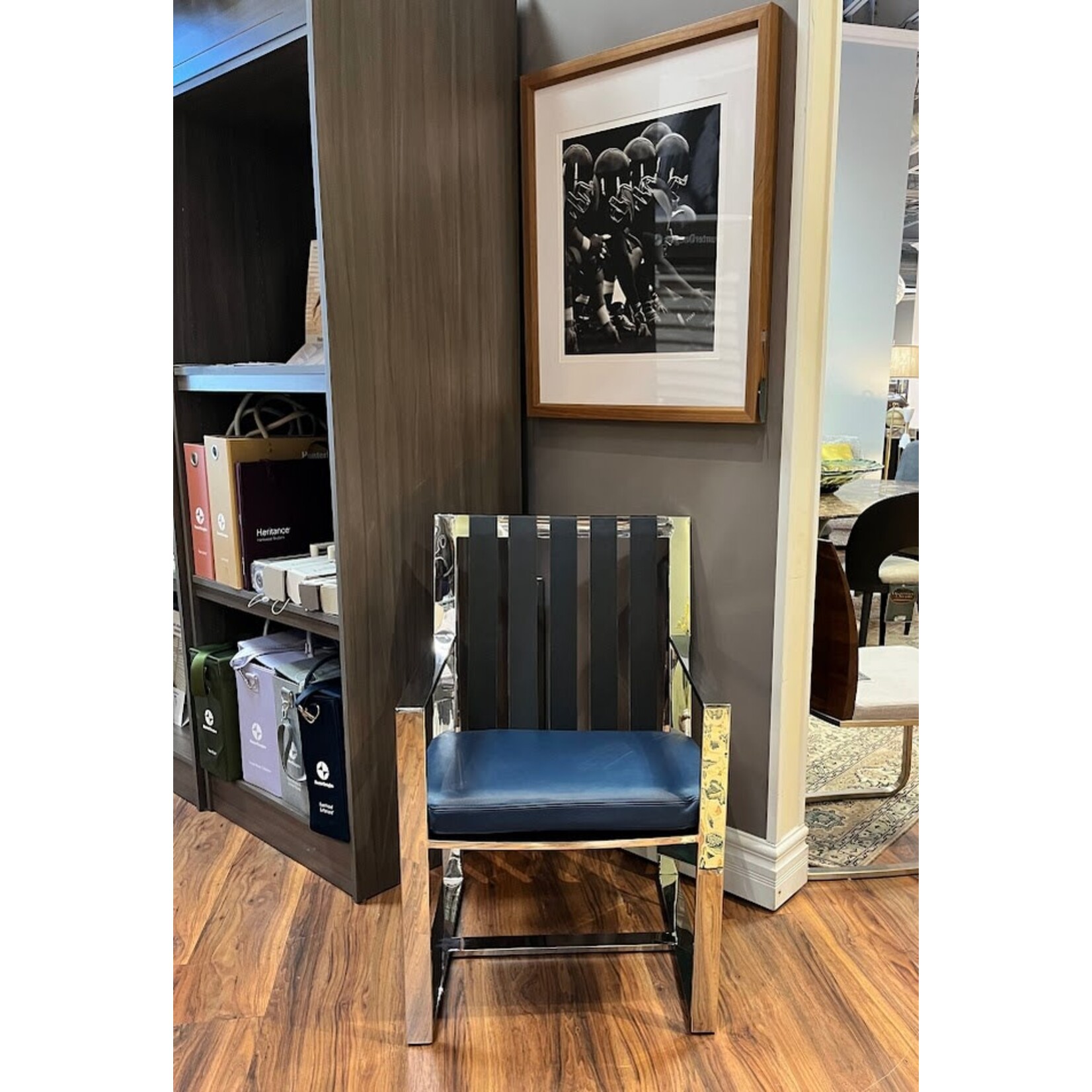 Thayer Coggin Vintage Strappy Arm Chair Polished Stainless Blue