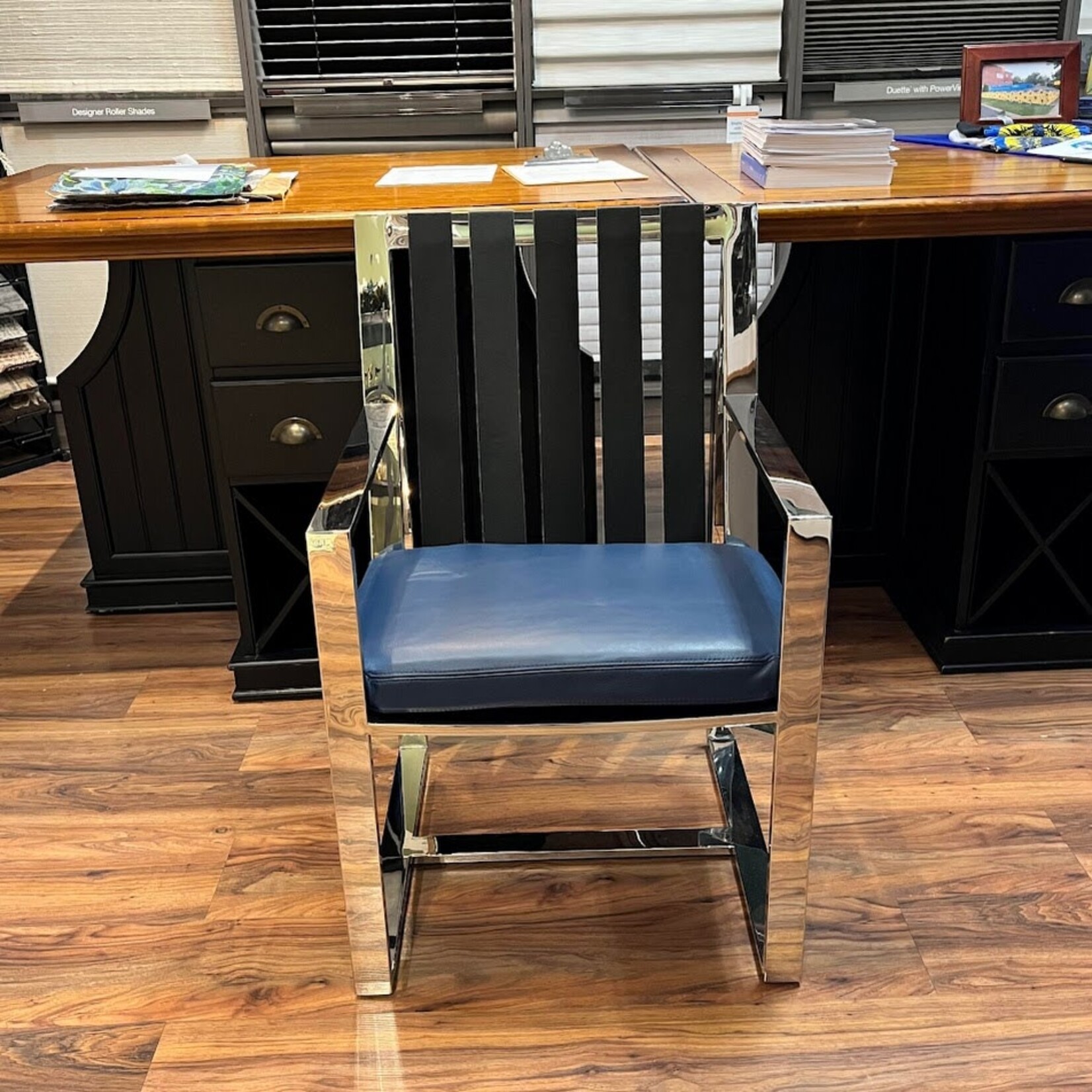 Thayer Coggin Vintage Strappy Arm Chair Polished Stainless Blue