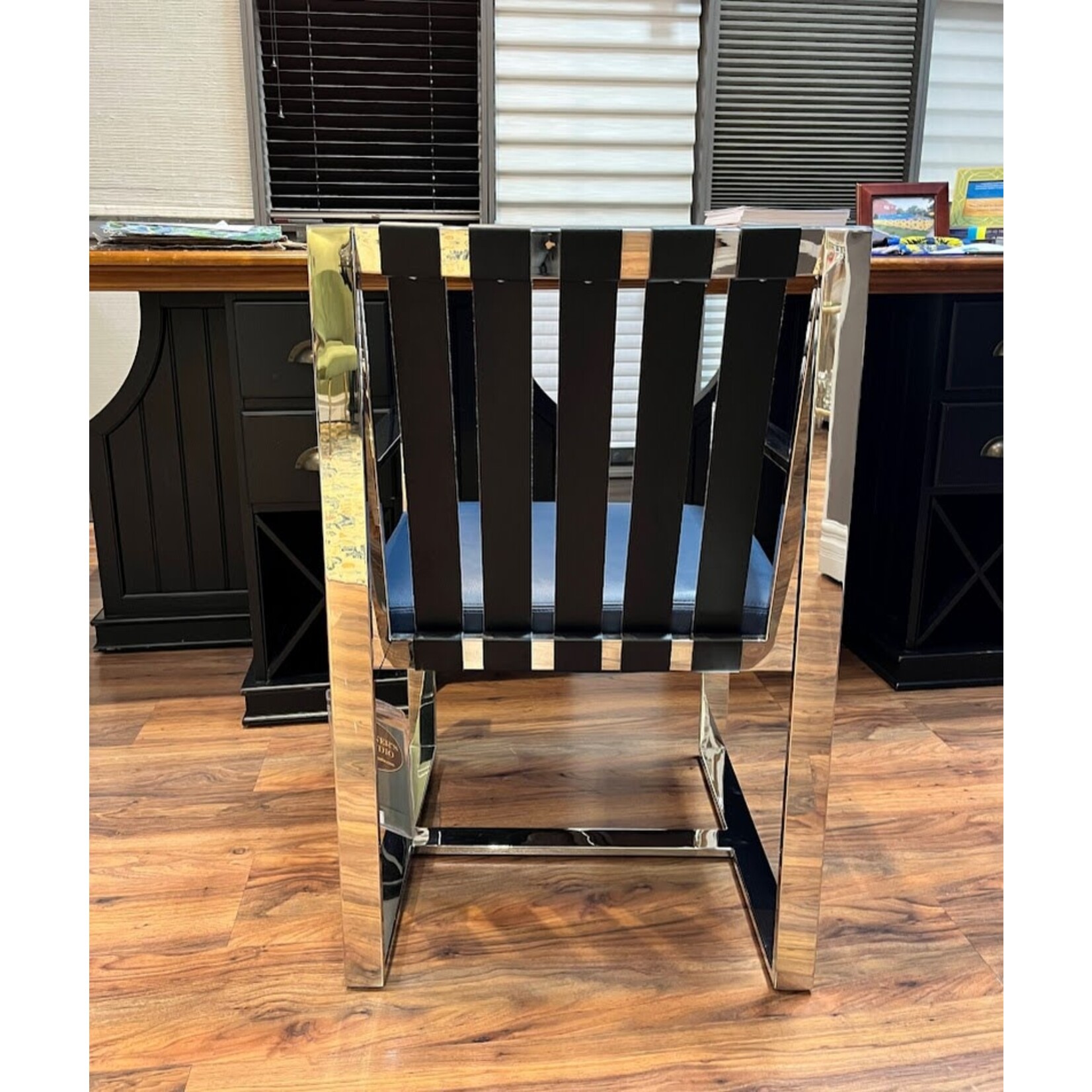 Thayer Coggin Vintage Strappy Arm Chair Polished Stainless Blue