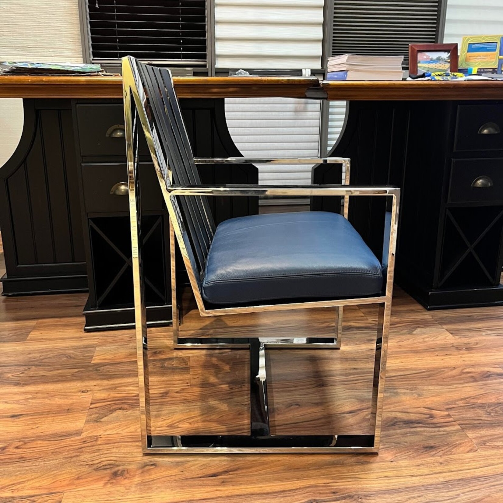 Thayer Coggin Vintage Strappy Arm Chair Polished Stainless Blue