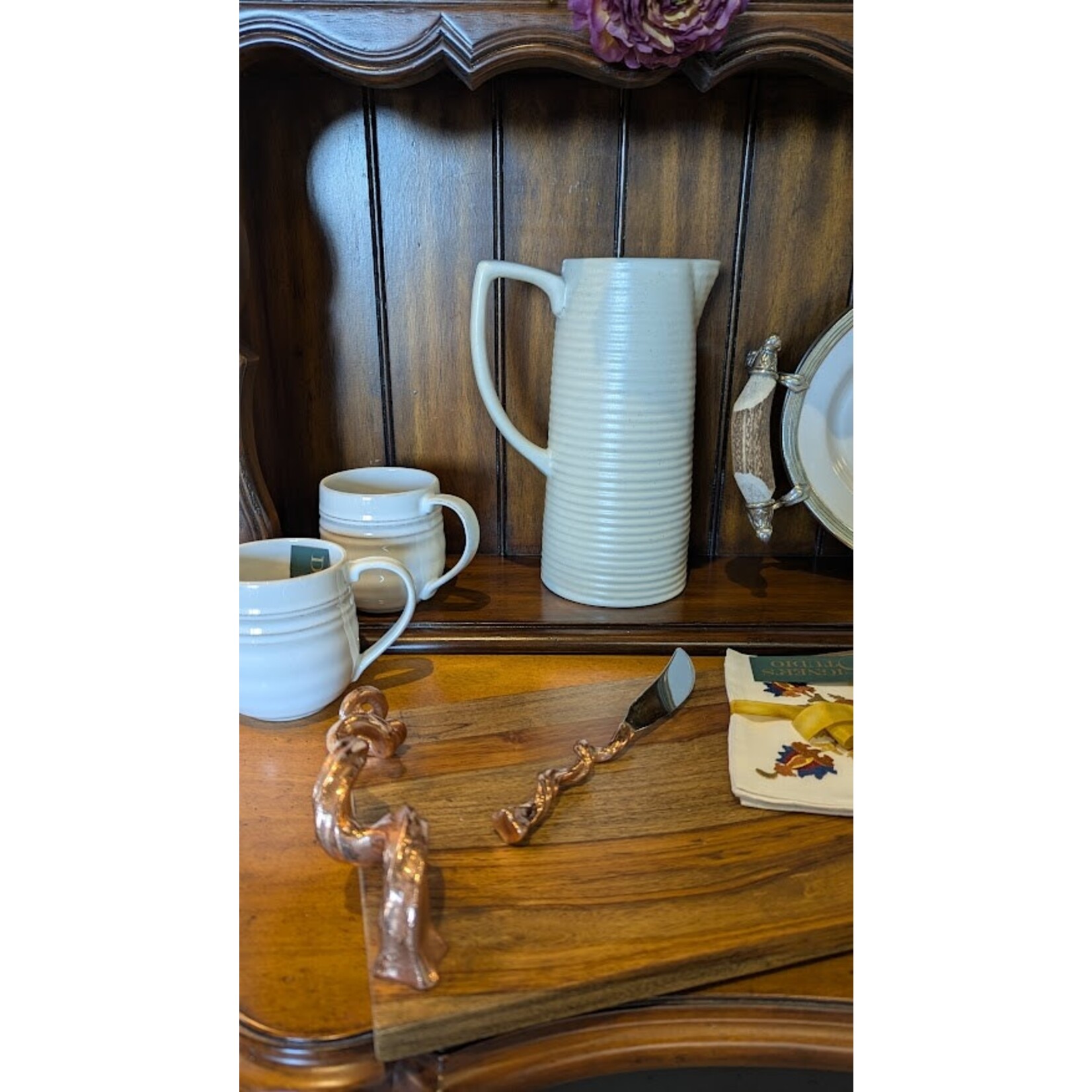 Bidk Home Ribbed Stone Ceramic Pitcher Vase with Large Handle