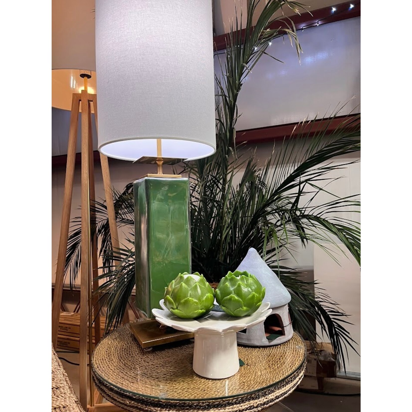 Visual Comfort Beekman Table Lamp in Green Reverse Painted Glass with Cream Linen Shade