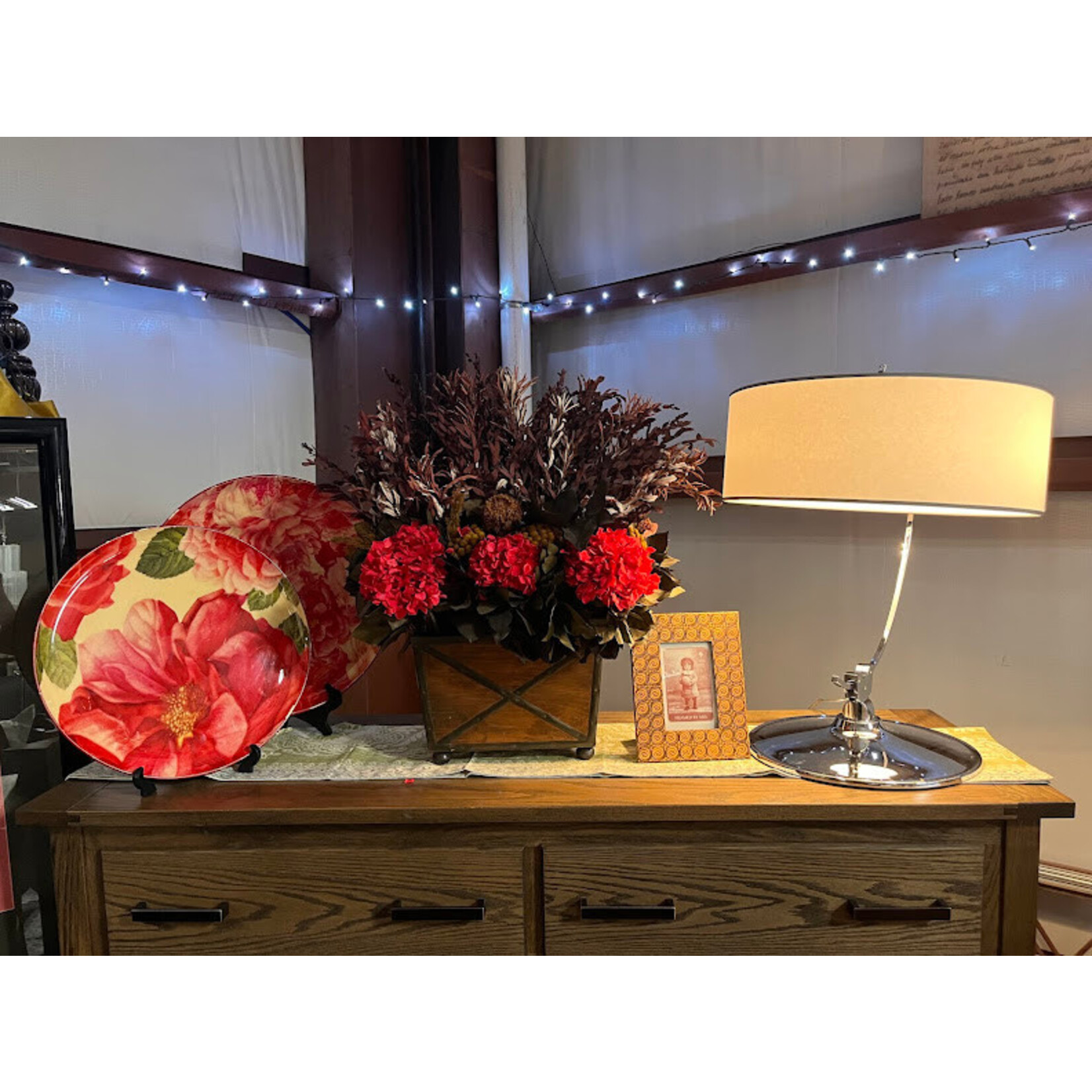 Bougainvillea Red Hydrangea with Greenery Rectangular Wooden Centerpiece