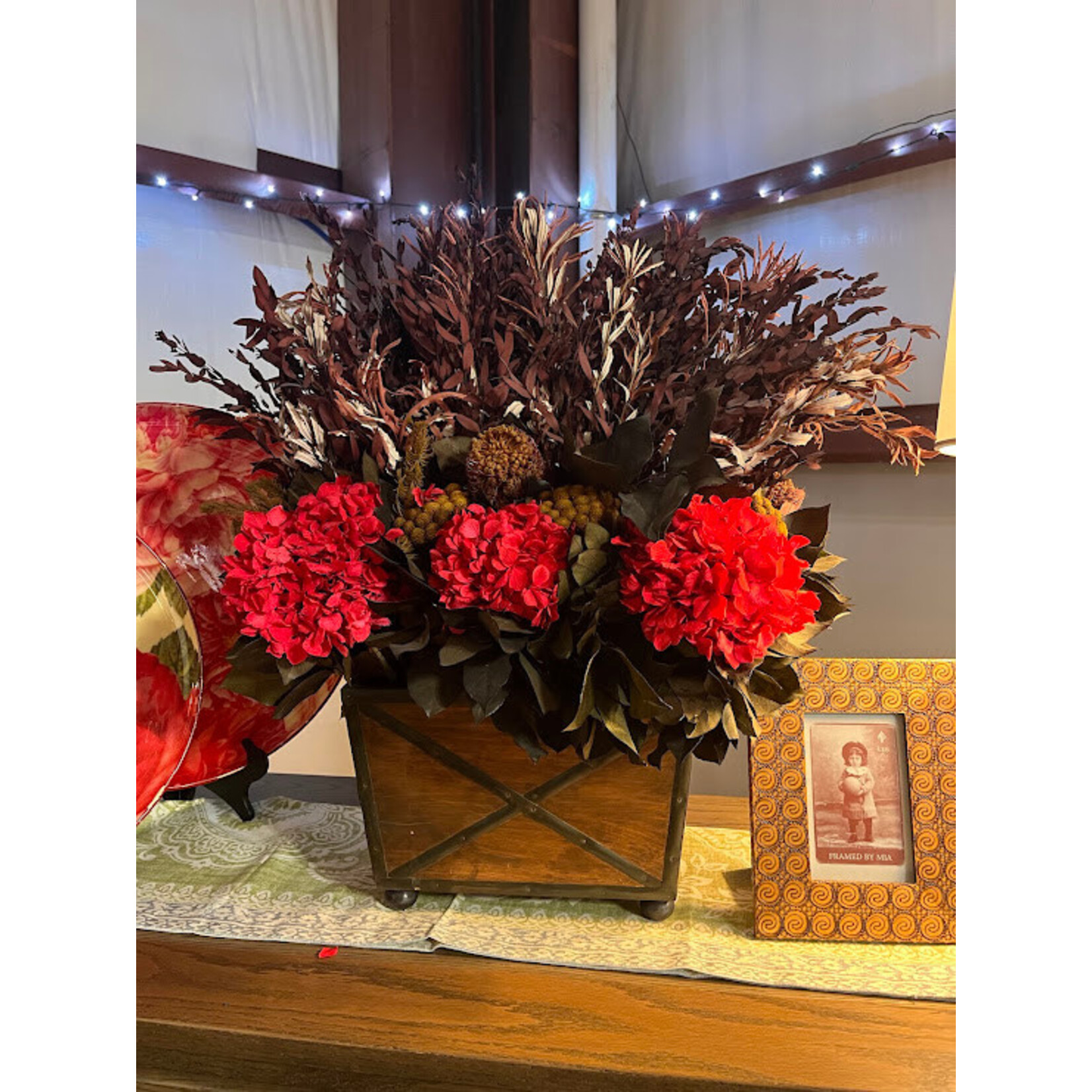 Bougainvillea Red Hydrangea with Greenery Rectangular Wooden Centerpiece