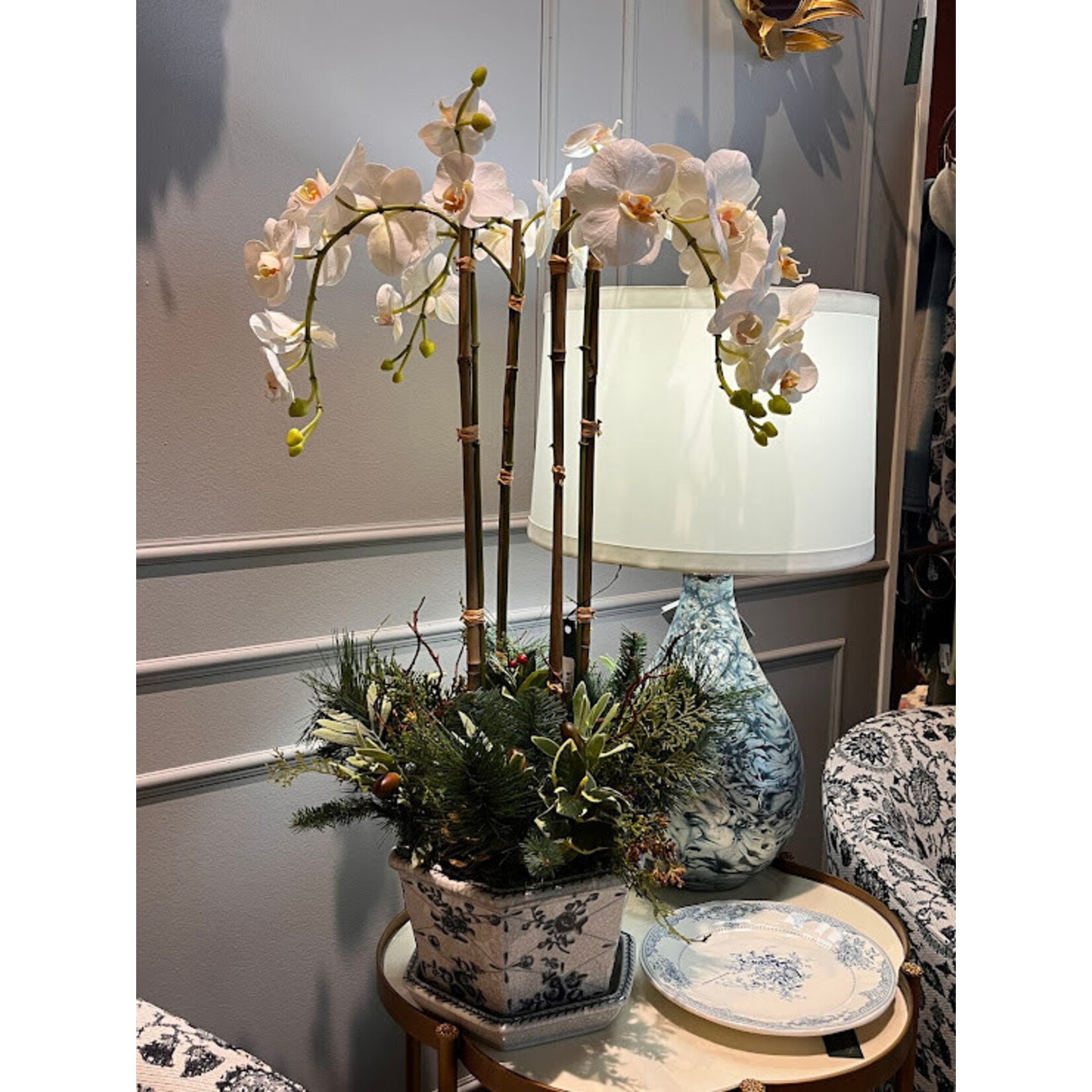 Winward Floral & Seasonal Decor Artificial White Orchid with Holly Pick in Cache Pot