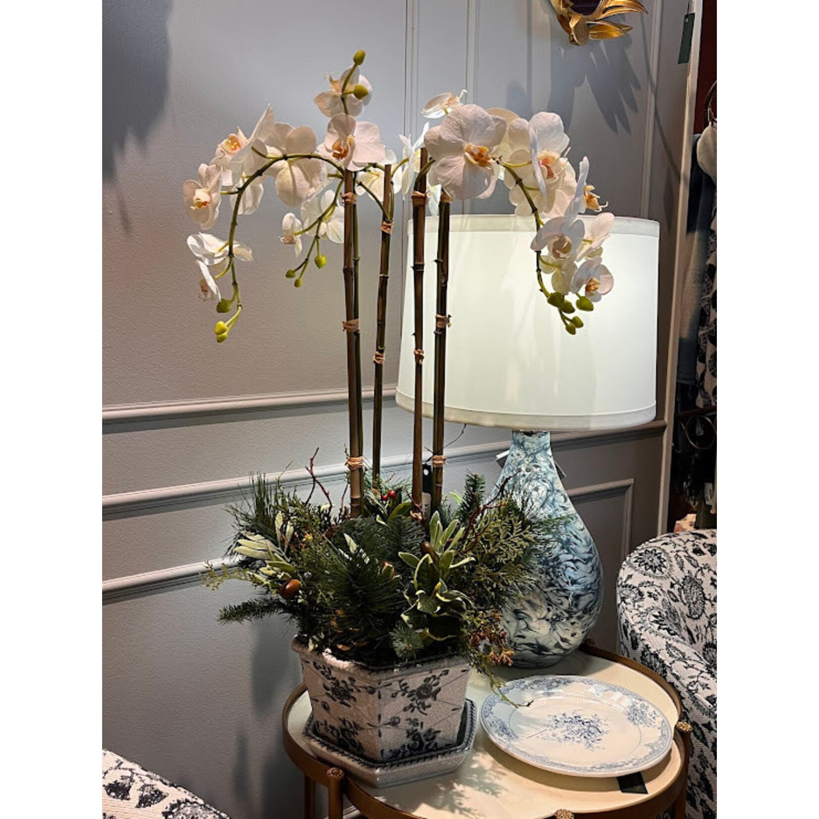 Winward Home Artificial White Orchid with Holly Pick in Cache Pot