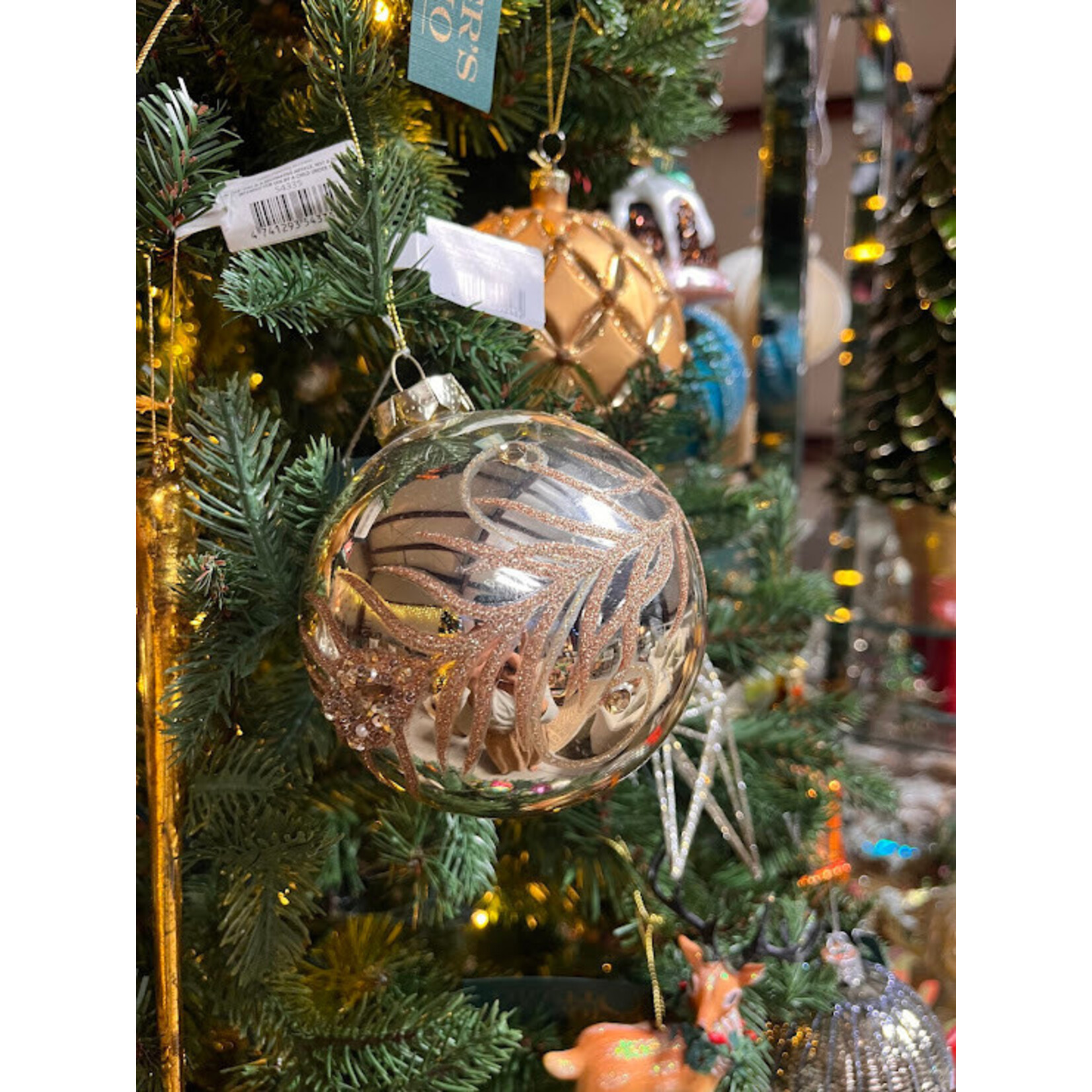 Shishi LLC Glass Ball Gold Glitter Feather Ornament 4"