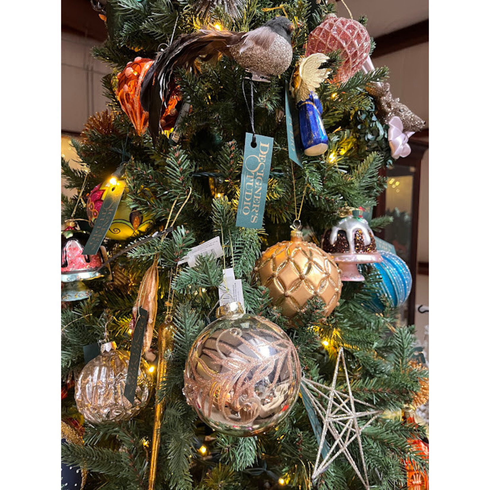Shishi LLC Glass Ball Gold Glitter Feather Ornament 4"