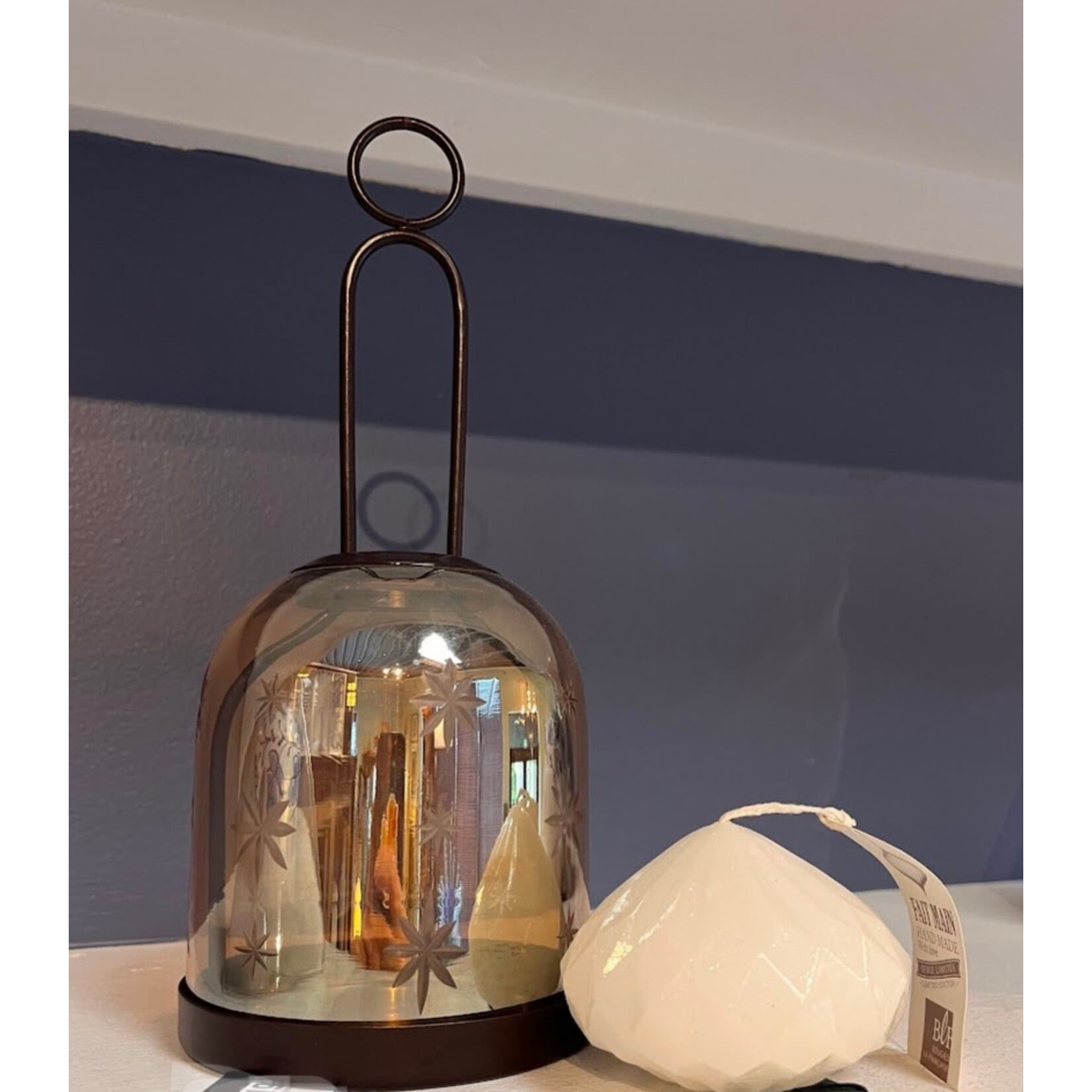 RAZ Imports Gold Star Etched Glass Hanging Lantern Ornament 9"