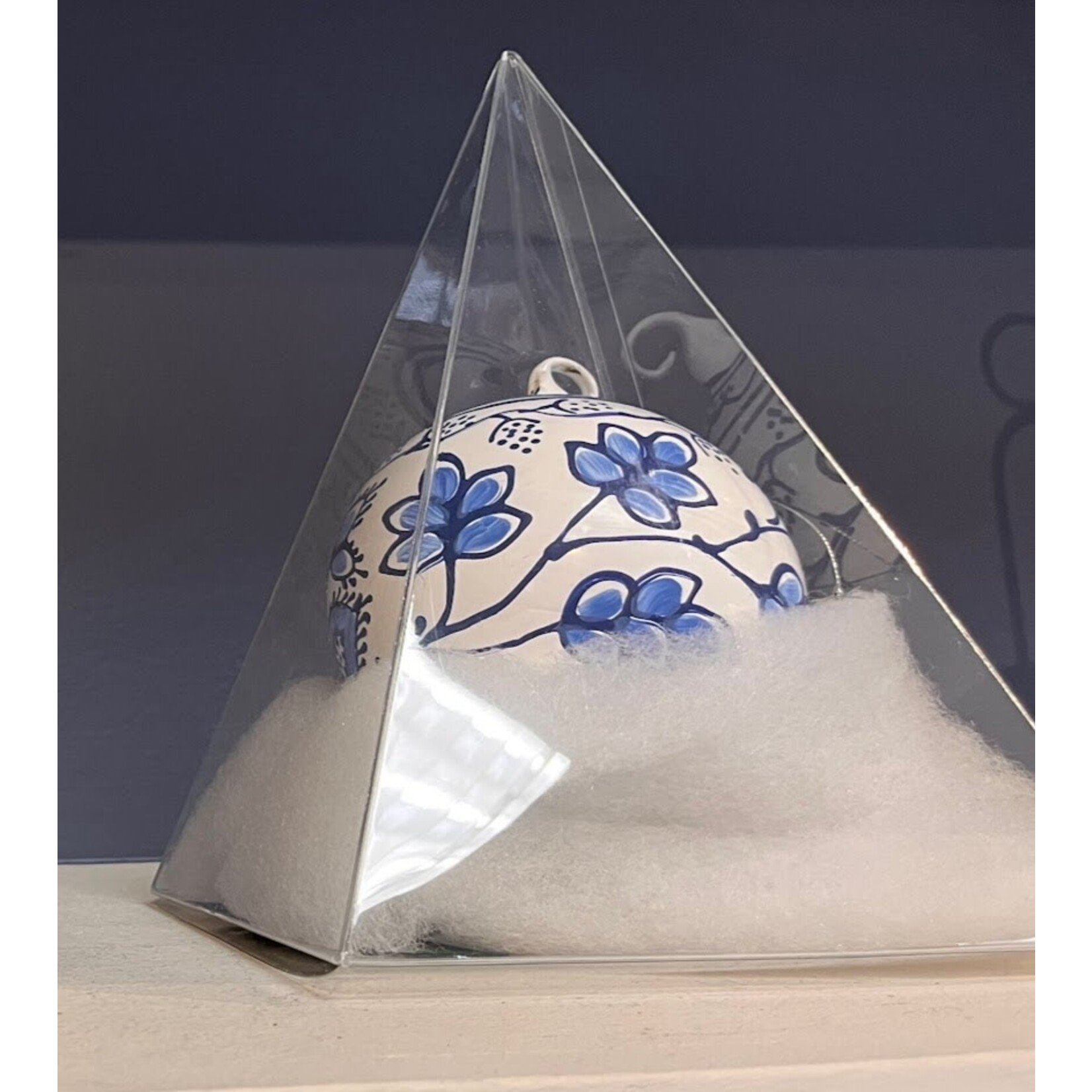 Peter's Seasons Hand Painted White & Blue Flowers Glass Ball Ornament