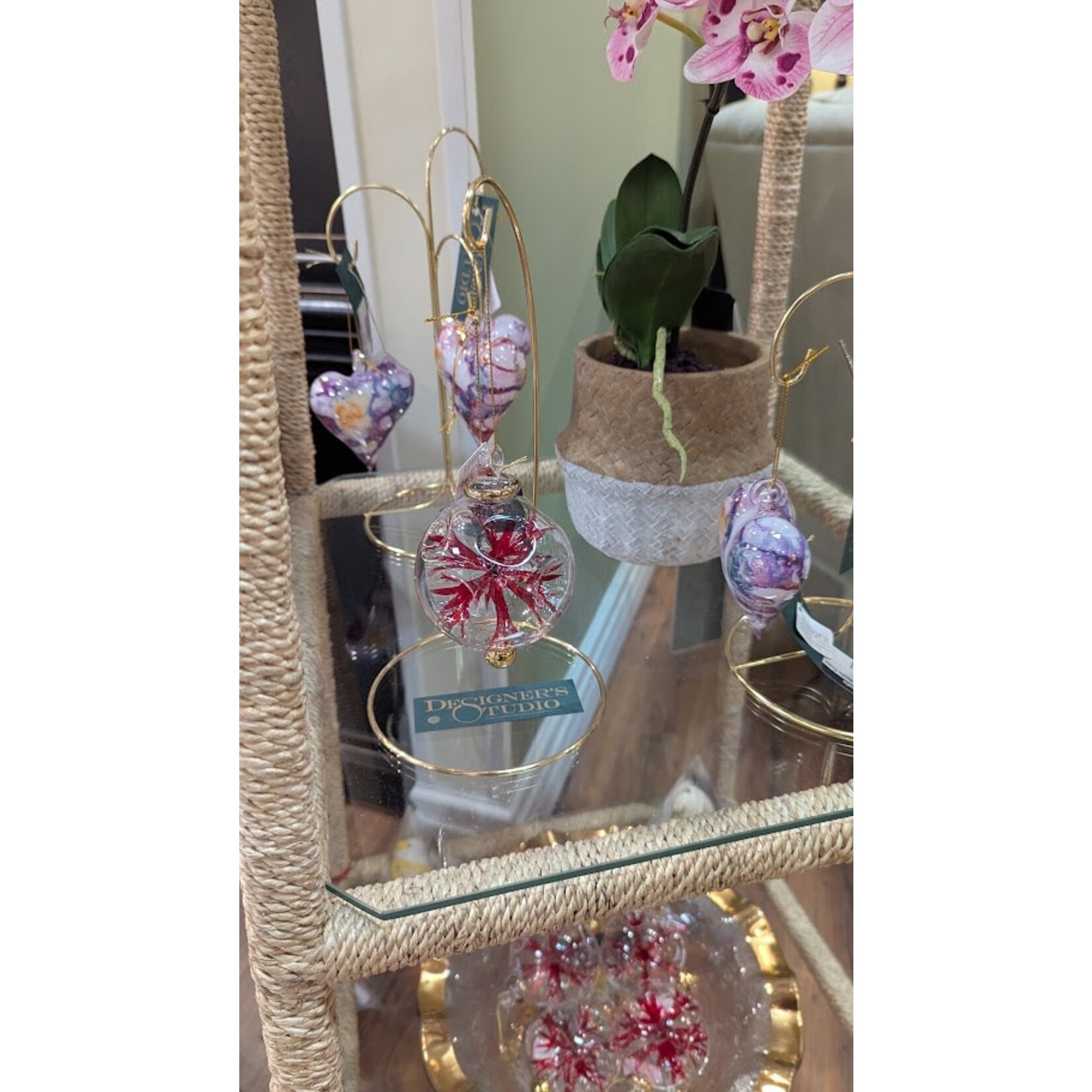 Unique Tradings Clear with Red Flowers Glass Ball Ornament