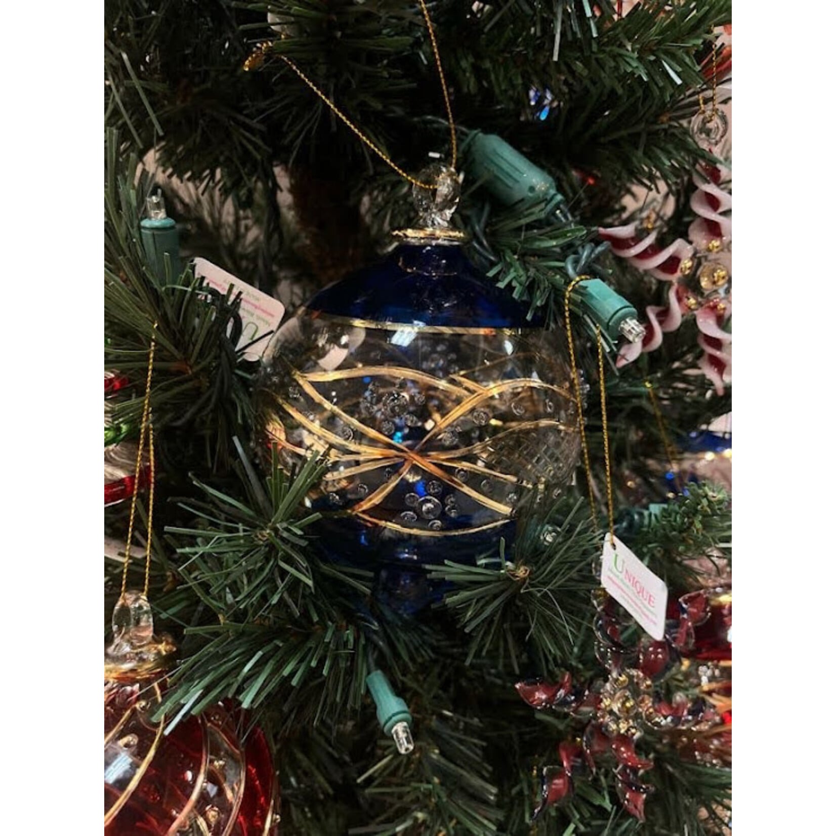 Unique Tradings Blue & Gold Plated Large Glass Ball Ornament