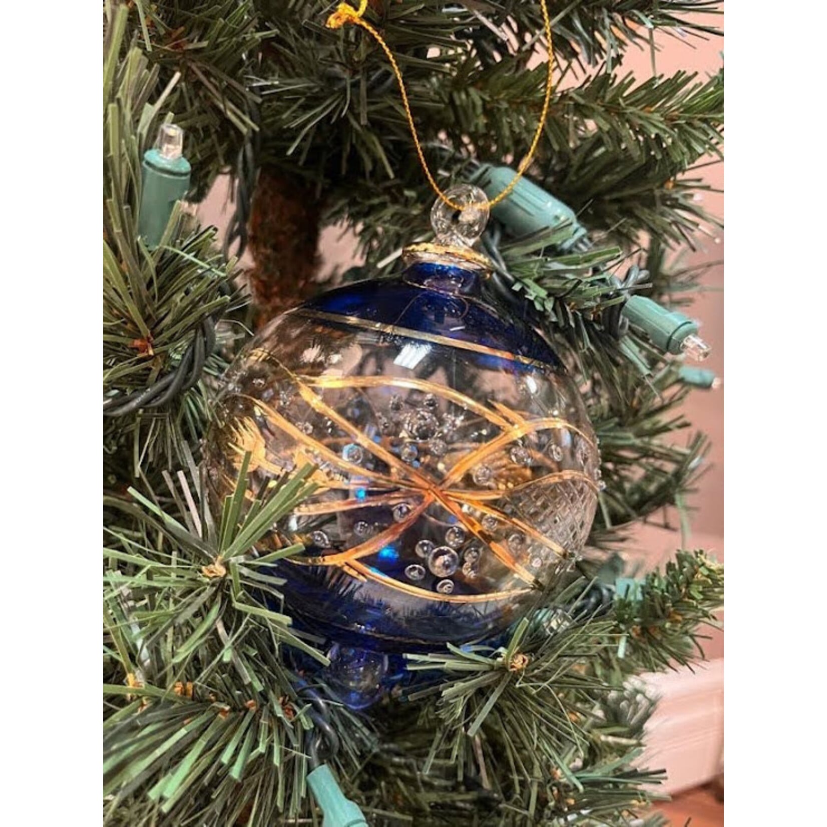 Unique Tradings Blue & Gold Plated Large Glass Ball Ornament