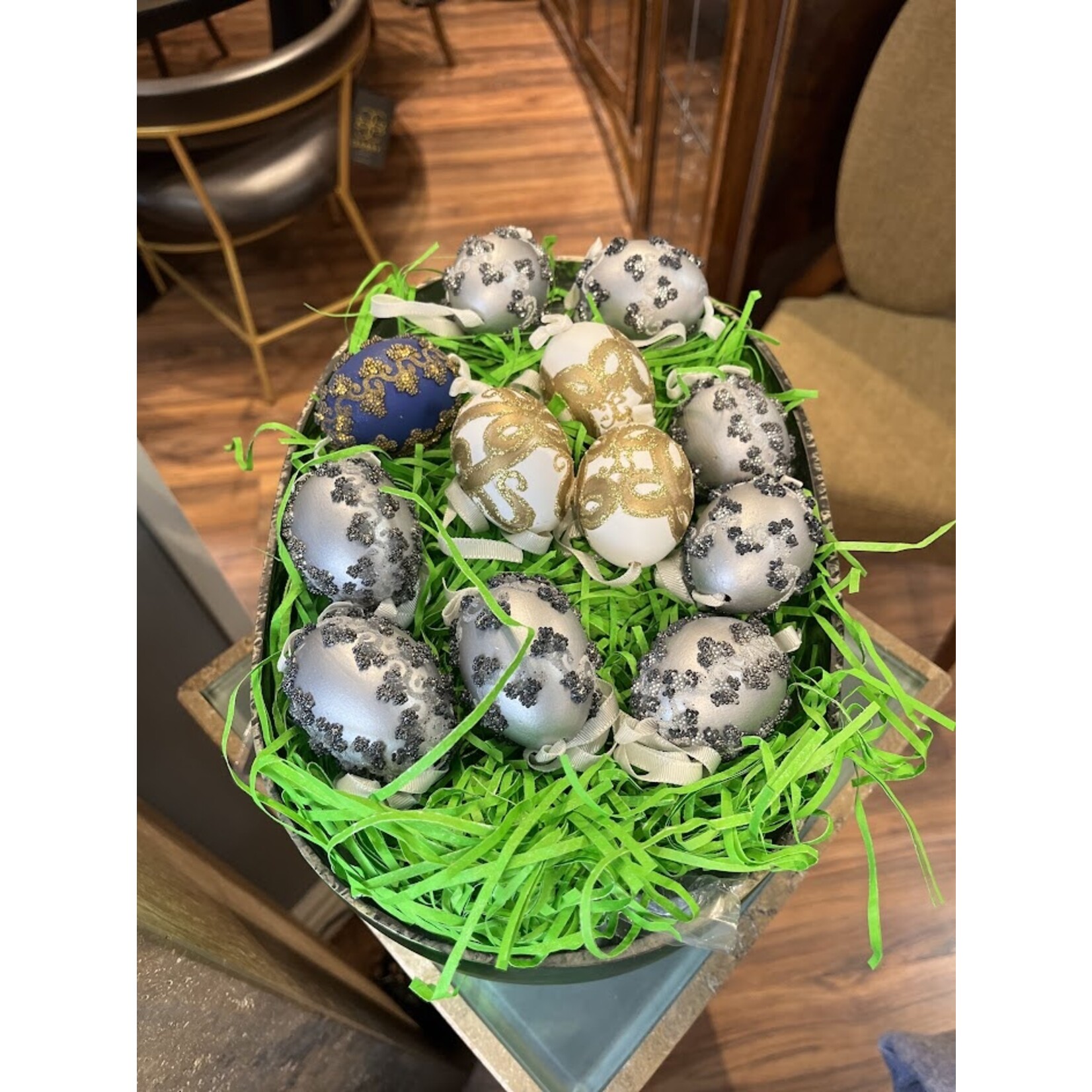 Peter Priess Hand Painted Silver Beaded Egg Ornament