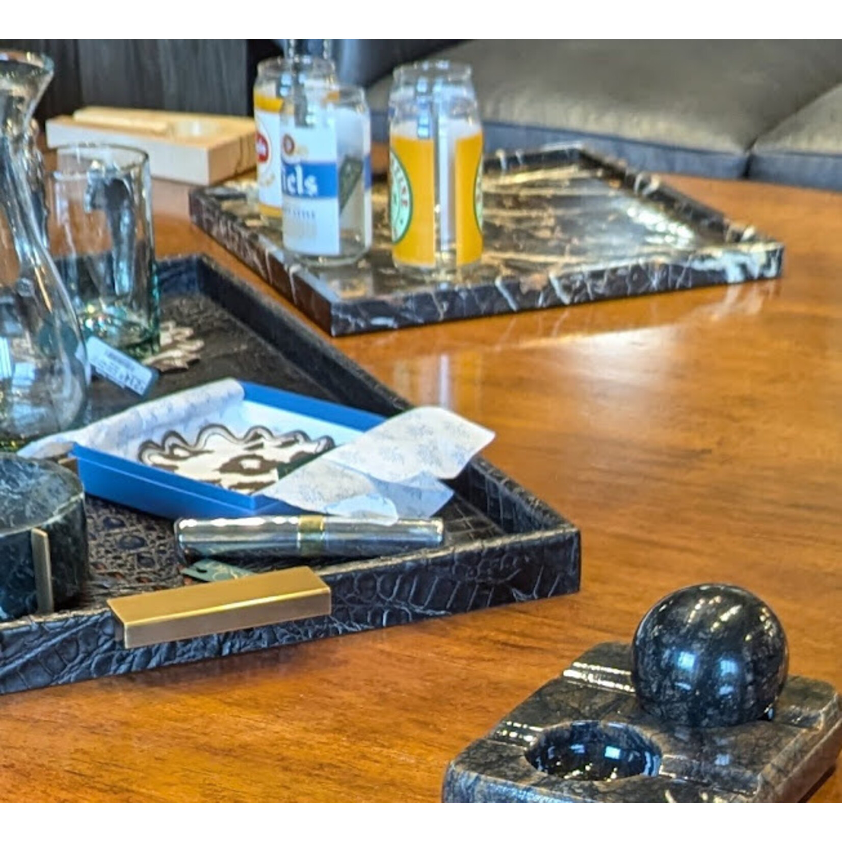 Carole Stupell LTD Black Amber Alabaster Double Cigar Pipe Ashtray with Sphere Paperweight