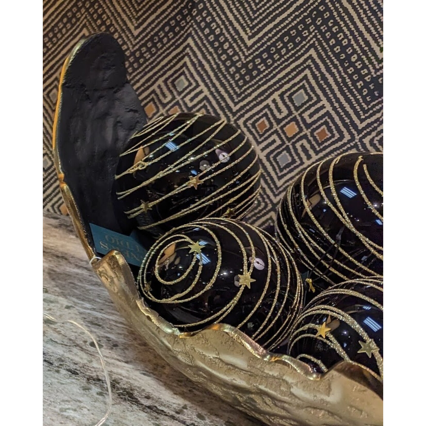 Zodax Black Stars & Gold Glitter Glass Ball Ornament 4"