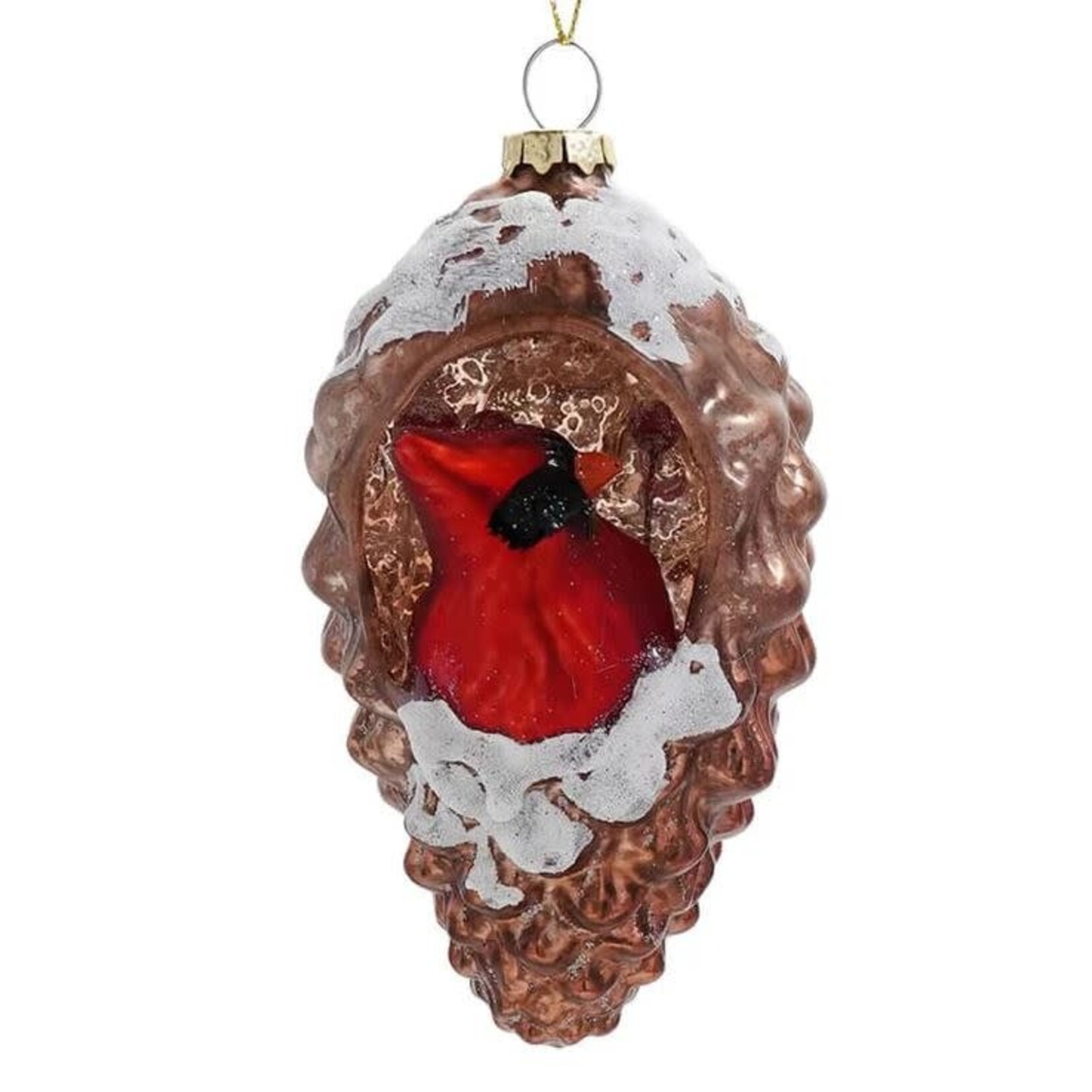 RAZ Imports Cardinal Bird & Pinecone Glass Ornament 5"
