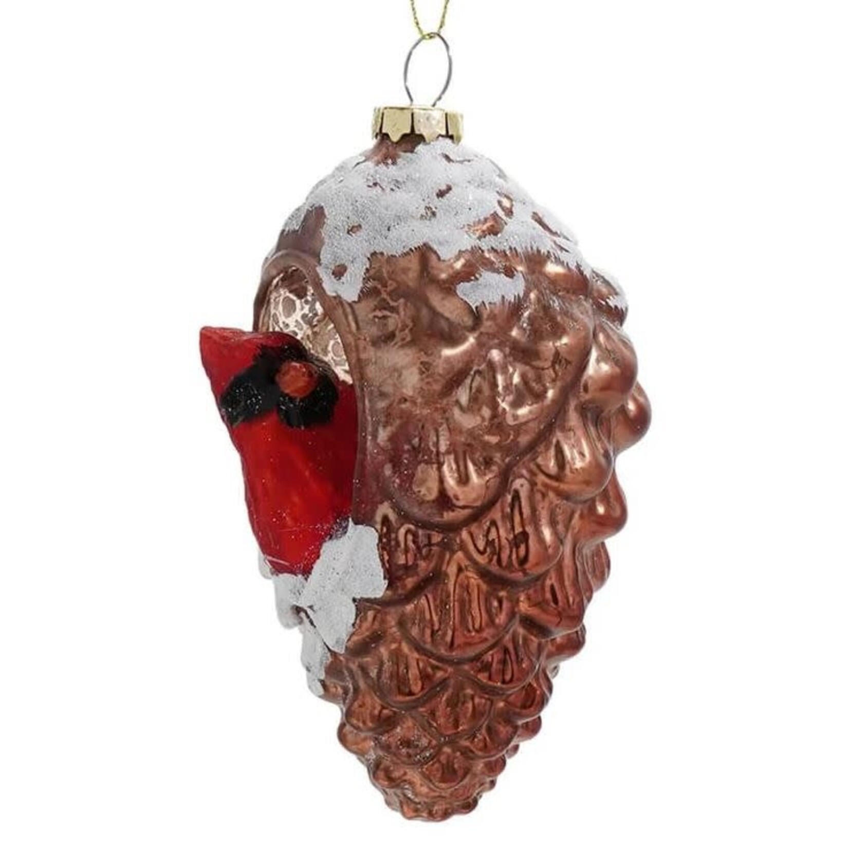 RAZ Imports Cardinal Bird & Pinecone Glass Ornament 5"