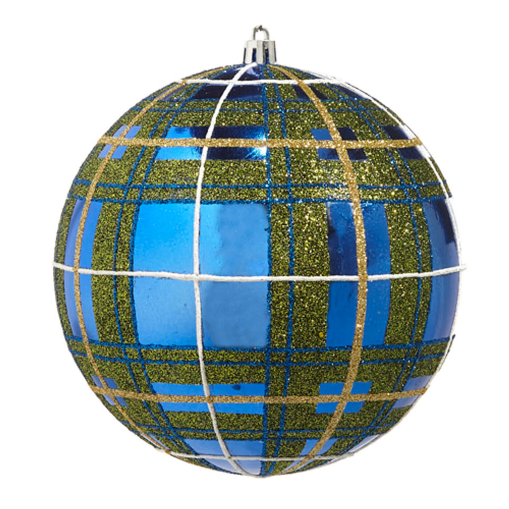 RAZ Imports Blue Plaid Glitter Ball Ornament 6"
