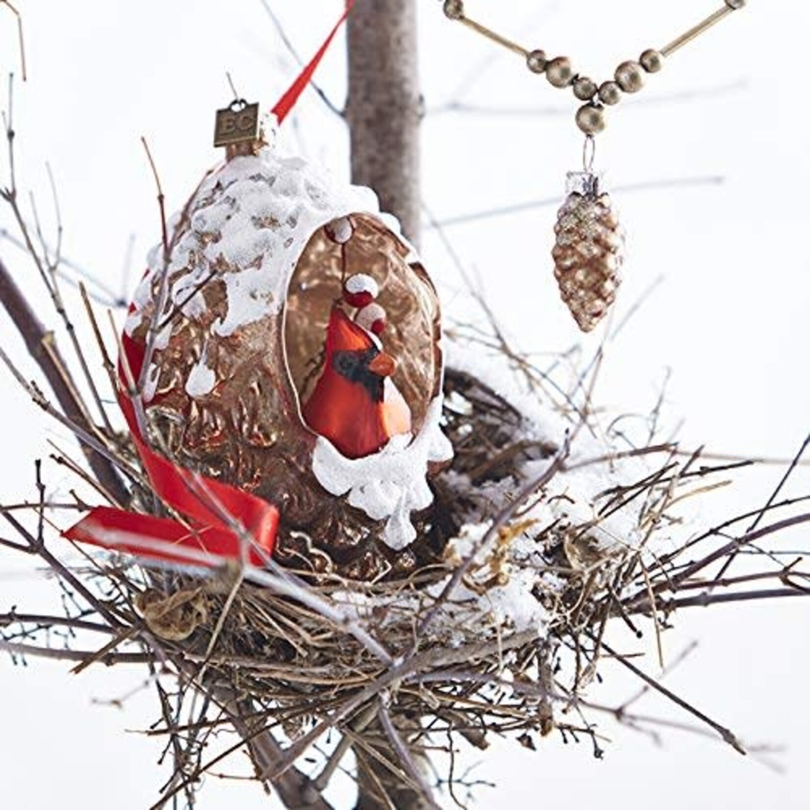 RAZ Imports Cardinal Bird & Pinecone Glass Ornament 5"