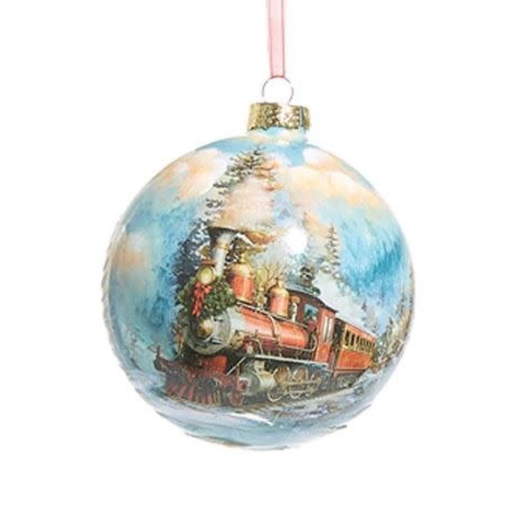 RAZ Imports Holiday Train Glass Ball Ornament 5"