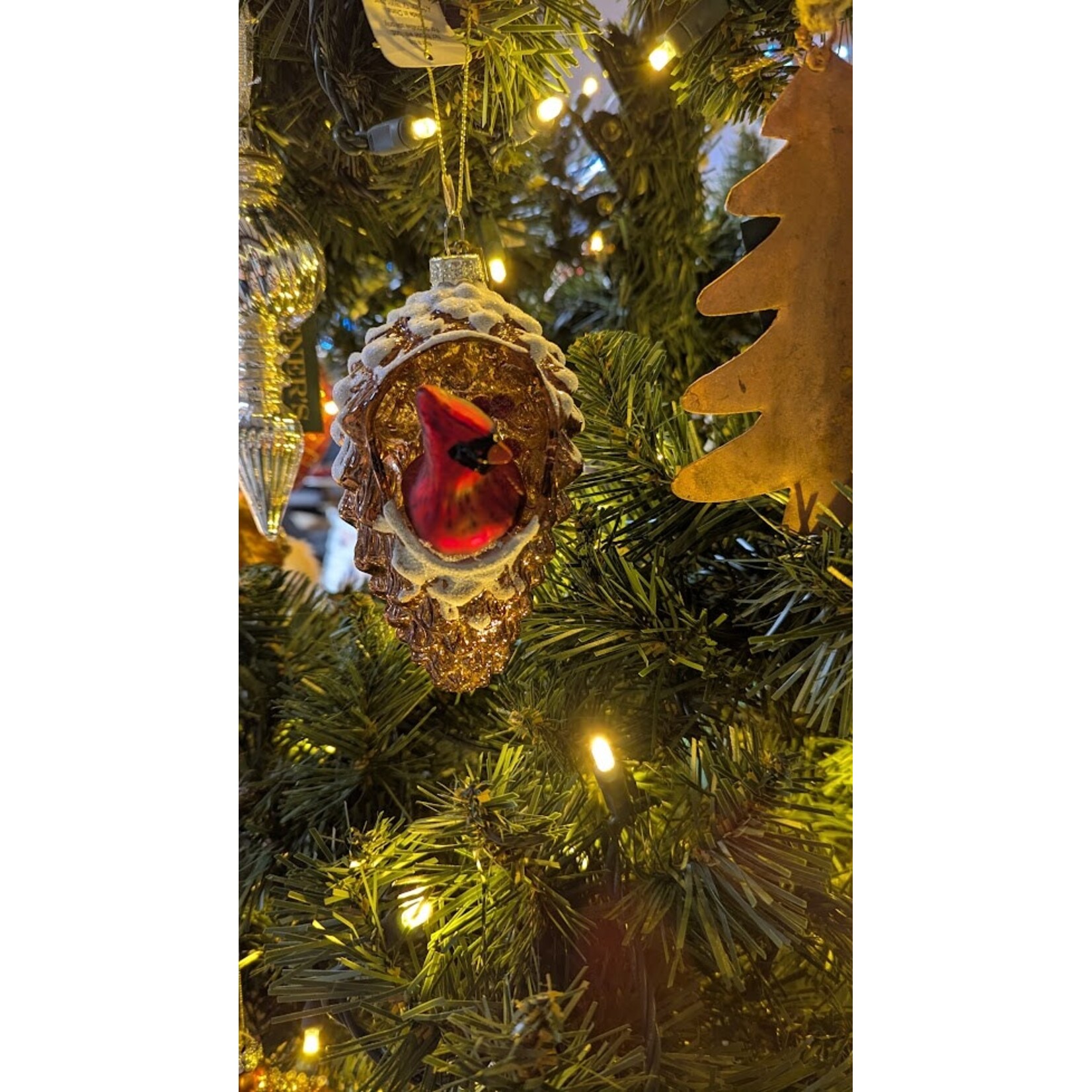 RAZ Imports Cardinal Bird & Pinecone Glass Ornament 5"