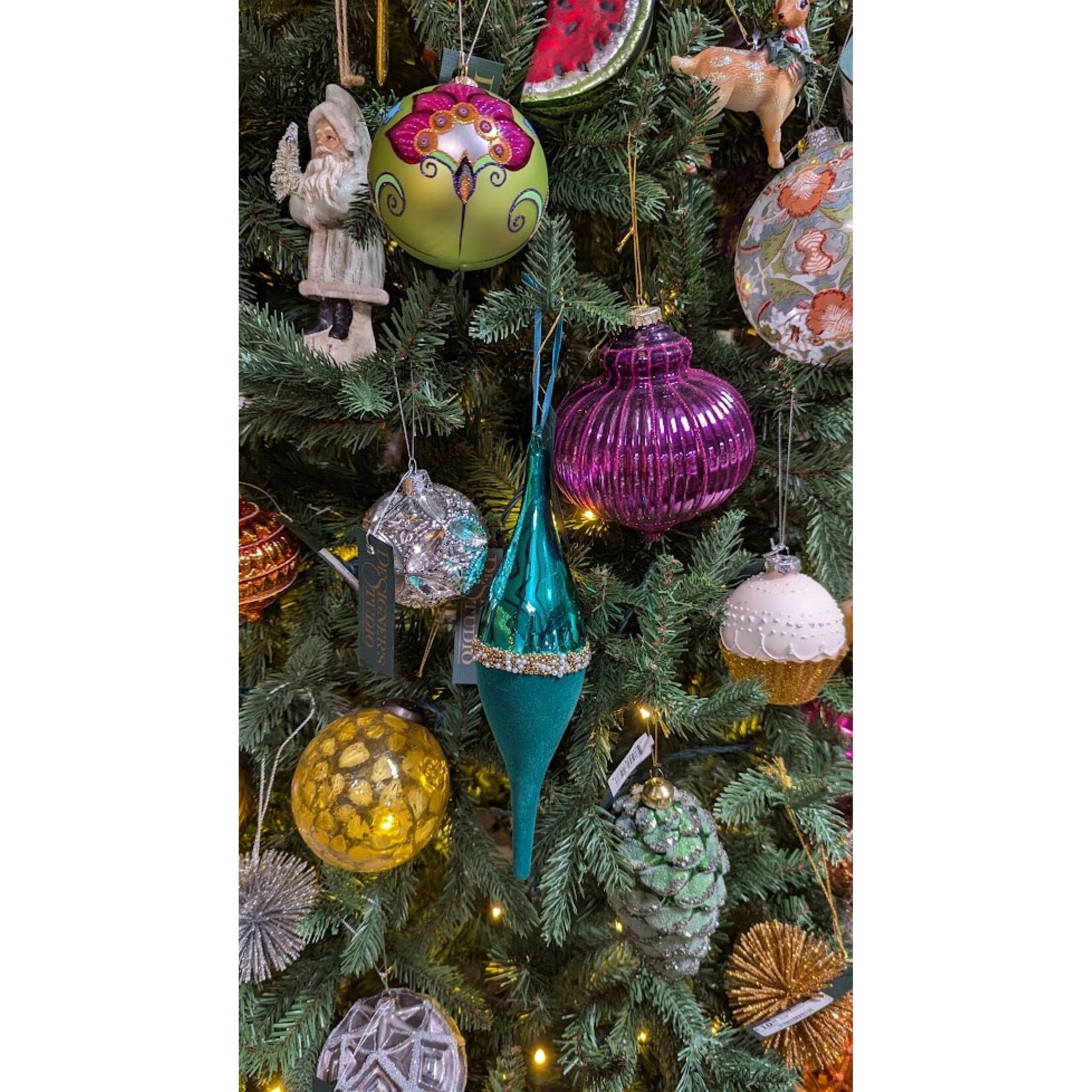 RAZ Imports Teal Pearl Banded Velvet Finial Ornament 10"