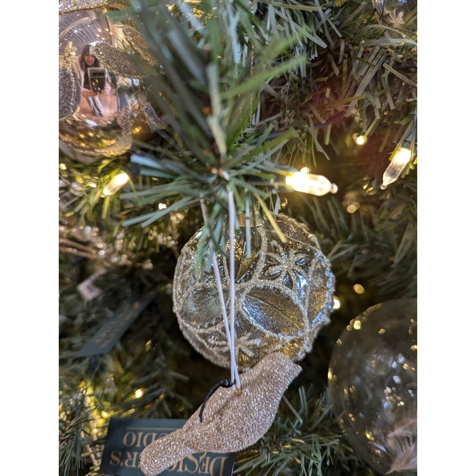 Shishi LLC Glass Ball Floral Grey Glitter Ornament 3"