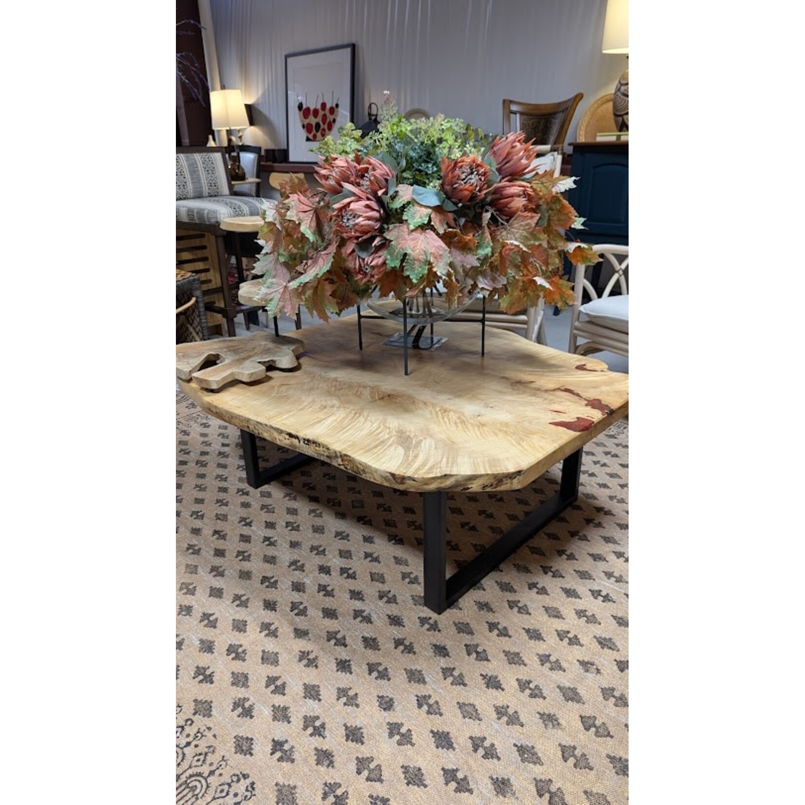 Rothrock Wood Project Figured Maple Coffee Table with Merlot Resin & Black Steel Legs