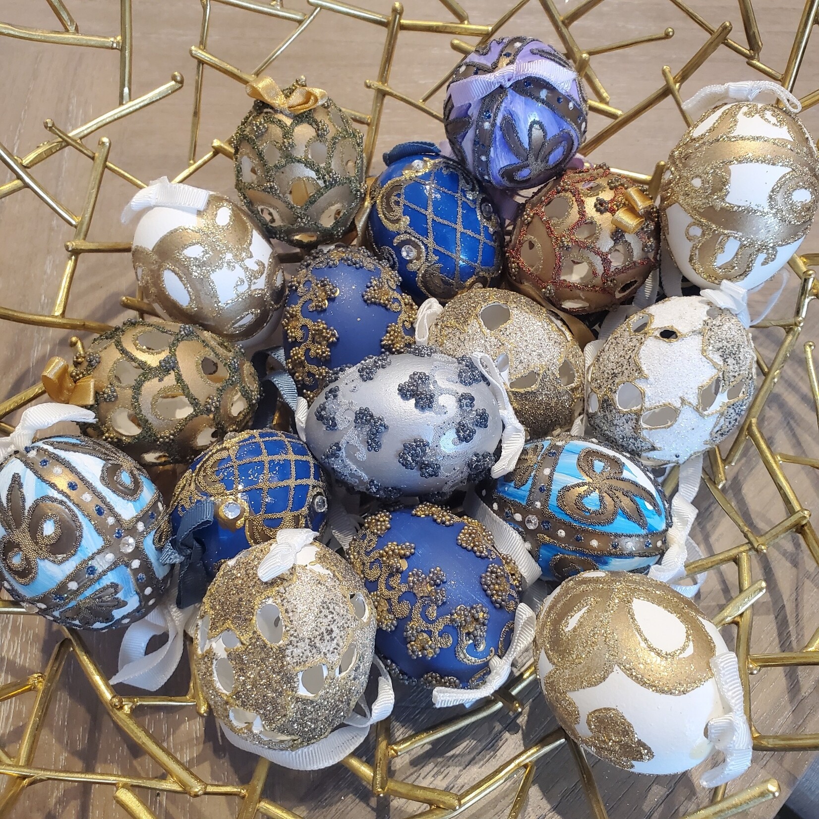 Peter Priess Hand Painted Cobalt Blue Egg Ornament with Gold Beads