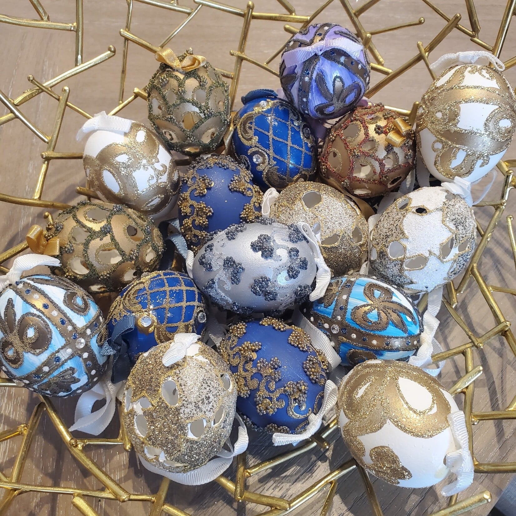 Peter Priess Handcrafted Cut Out Egg Ornament with Gold & Red Beads