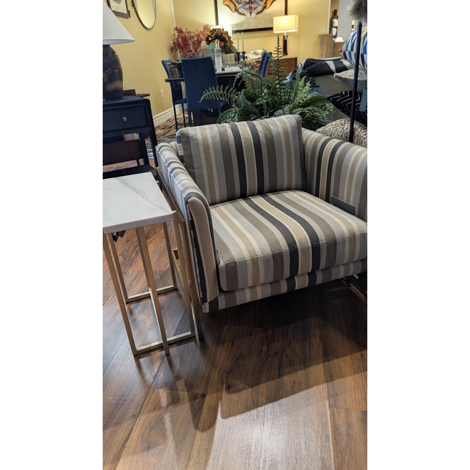 Thayer Coggin "T-Back" Lounge Chair Blue Gray Strips