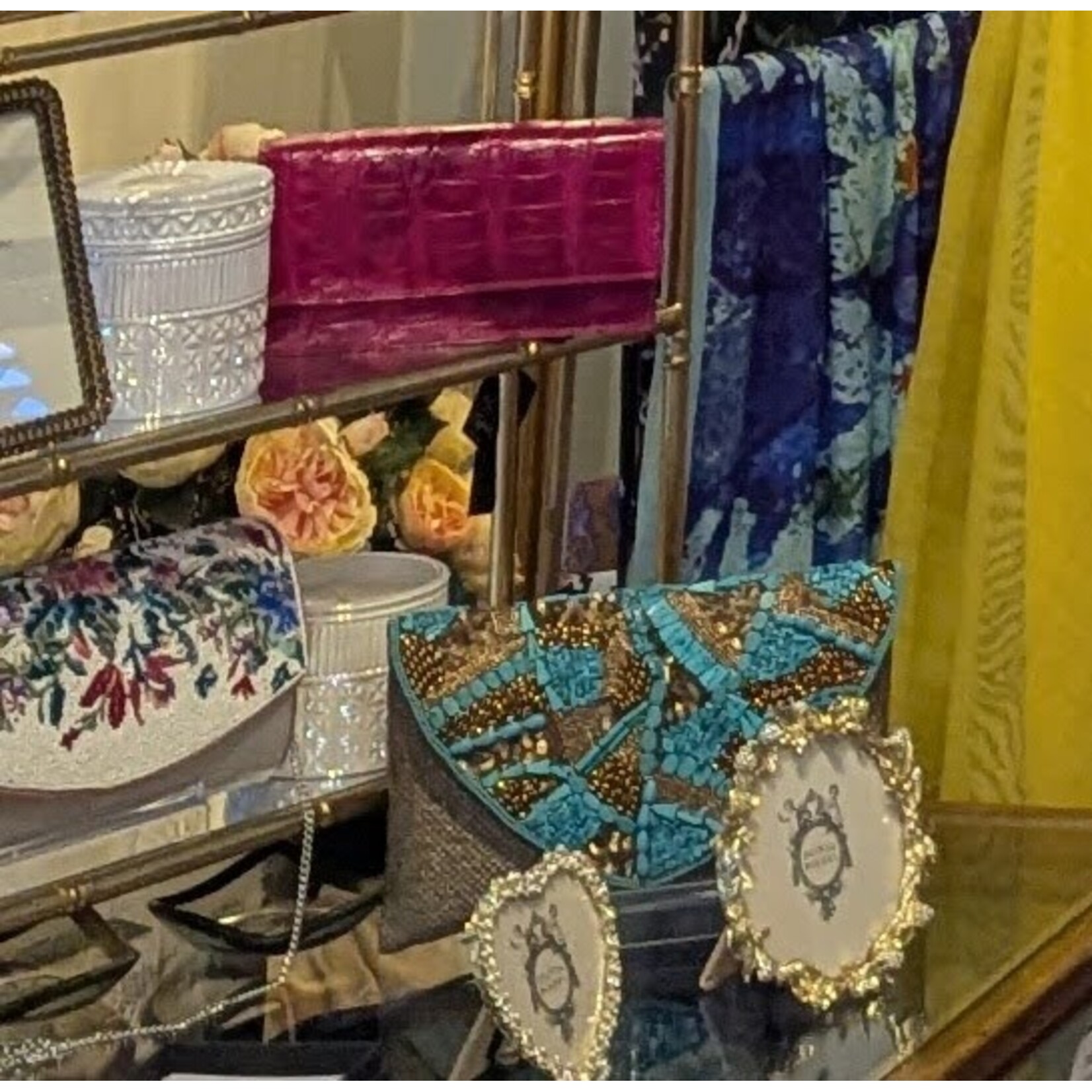 David Jeffery Jute Clutch with Gold Turquois Beads & Chain