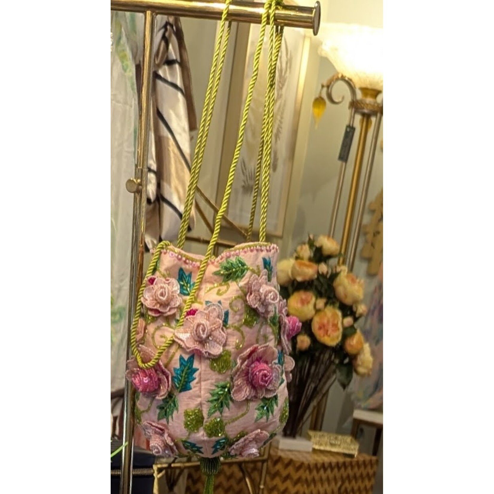 David Jeffery Pink Roses with Blue Green Embroidery & Green Rope Handbag