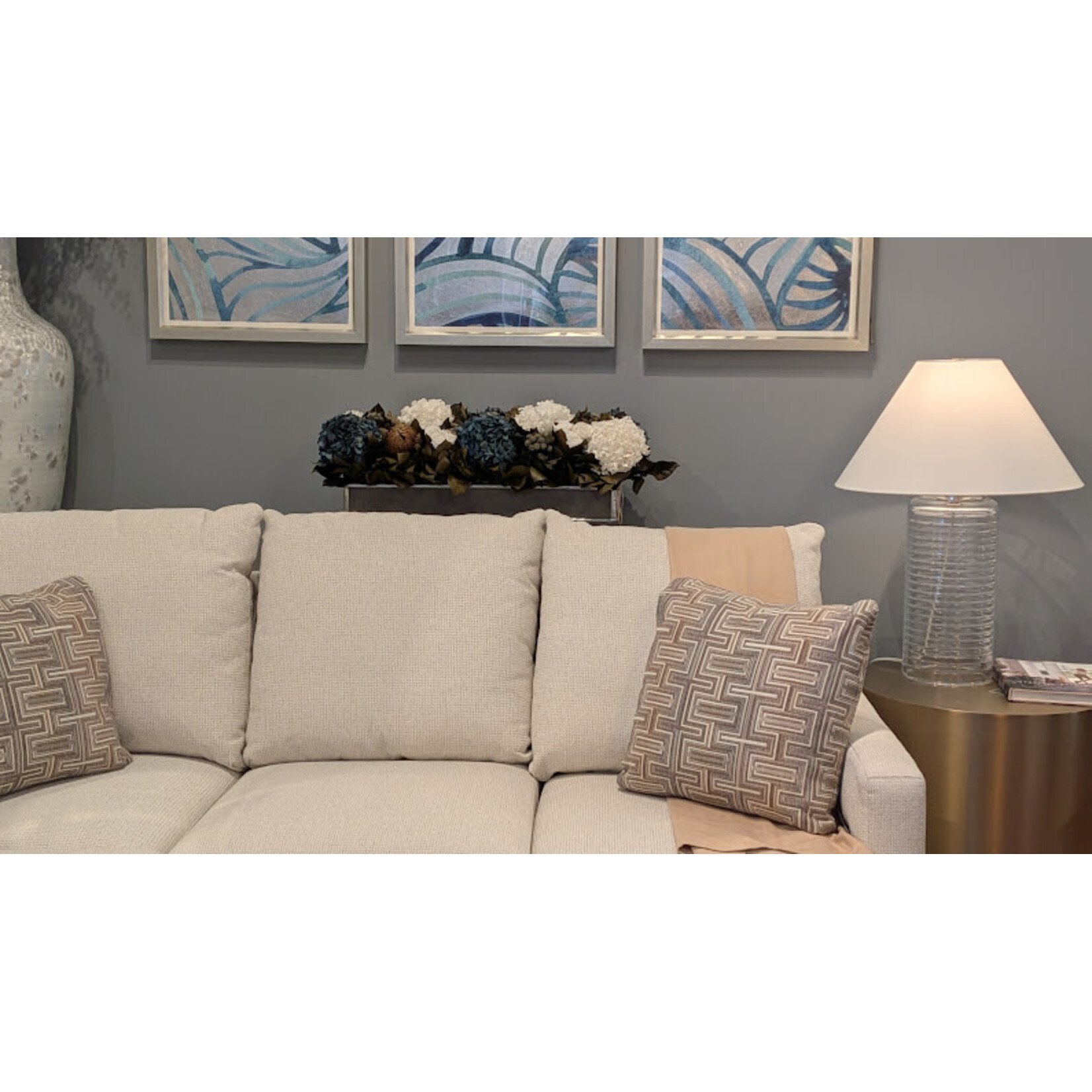 Bougainvillea Wooden Rectangle Box  Silver Roses White, Brunia Natural Brunia, Hydrangea Natural Blue & White Arrangement