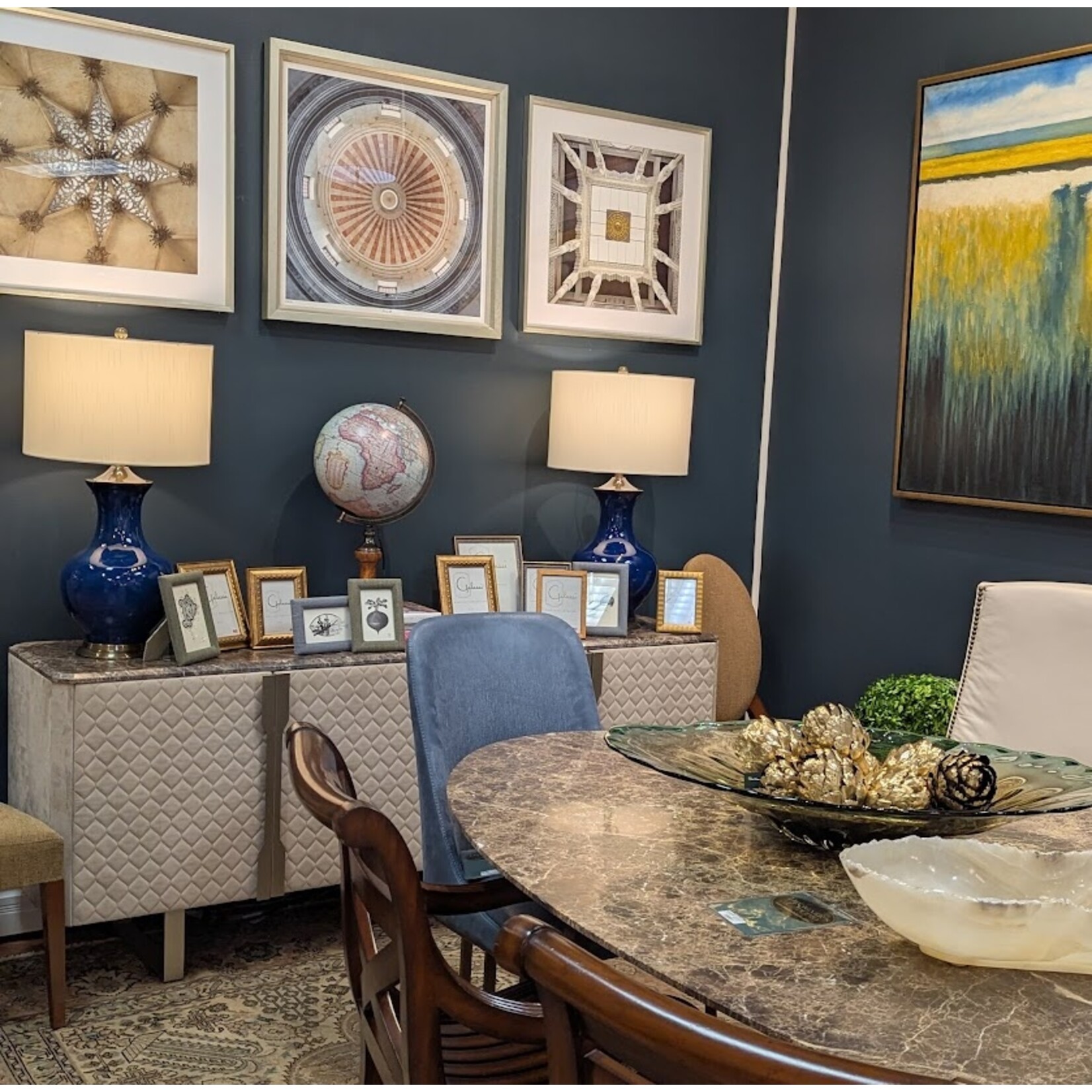 Stone International Diamond Upholstered Buffet Champagne Base Imperador Marble Top