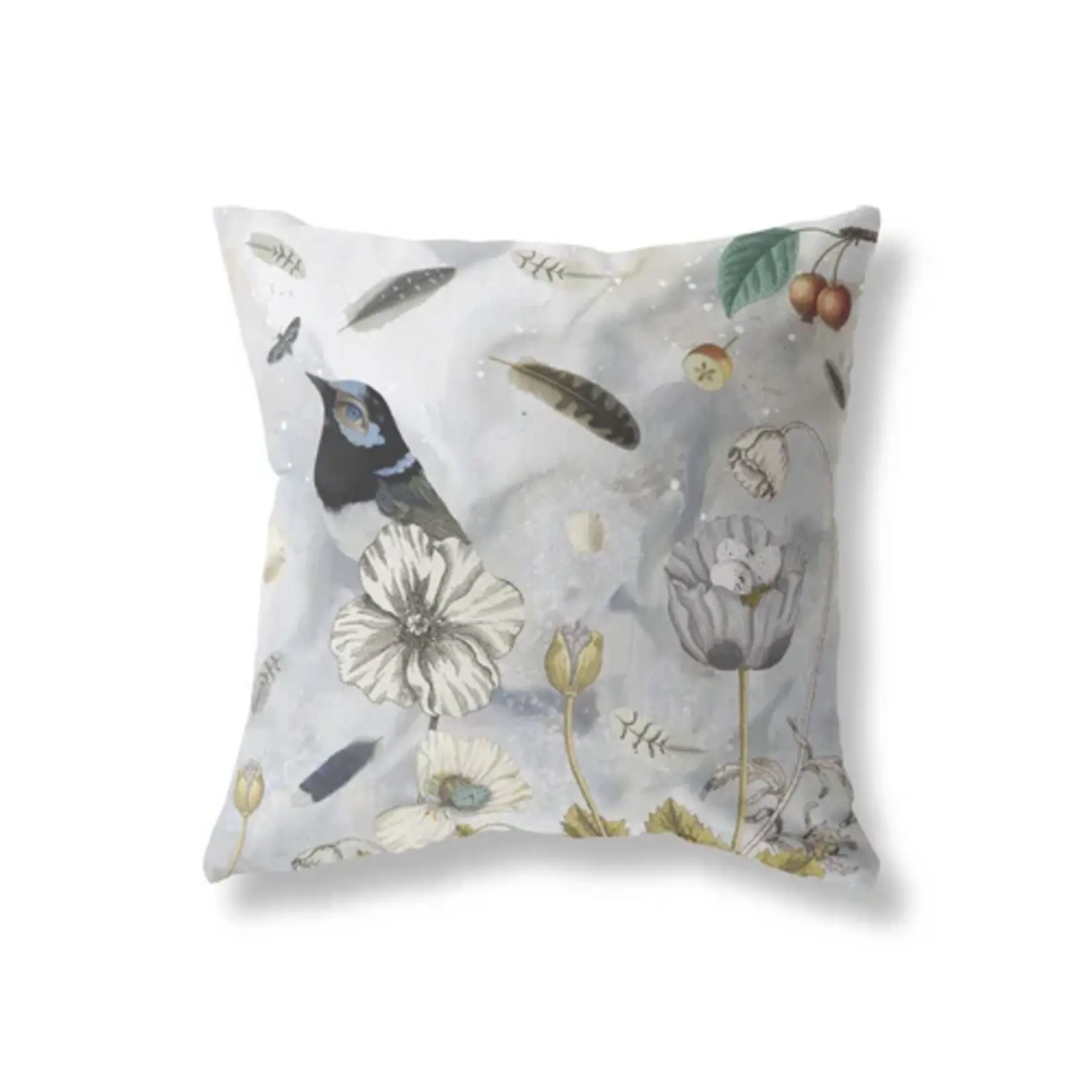 Sasha Parfenova Garden Bird Pillow in Silver Teal 20"x20"
