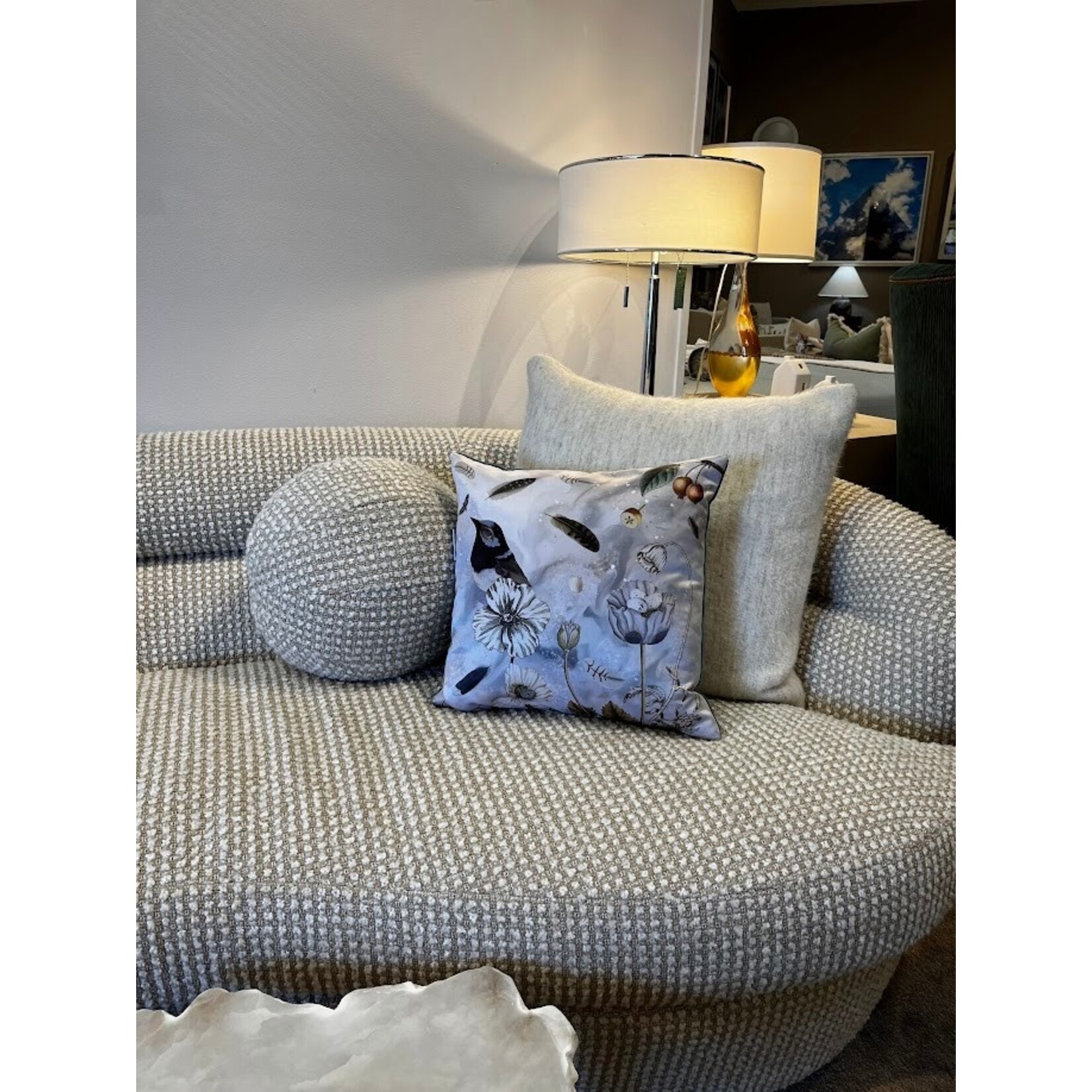 Sasha Parfenova Garden Bird Pillow in Silver Teal 20"x20"