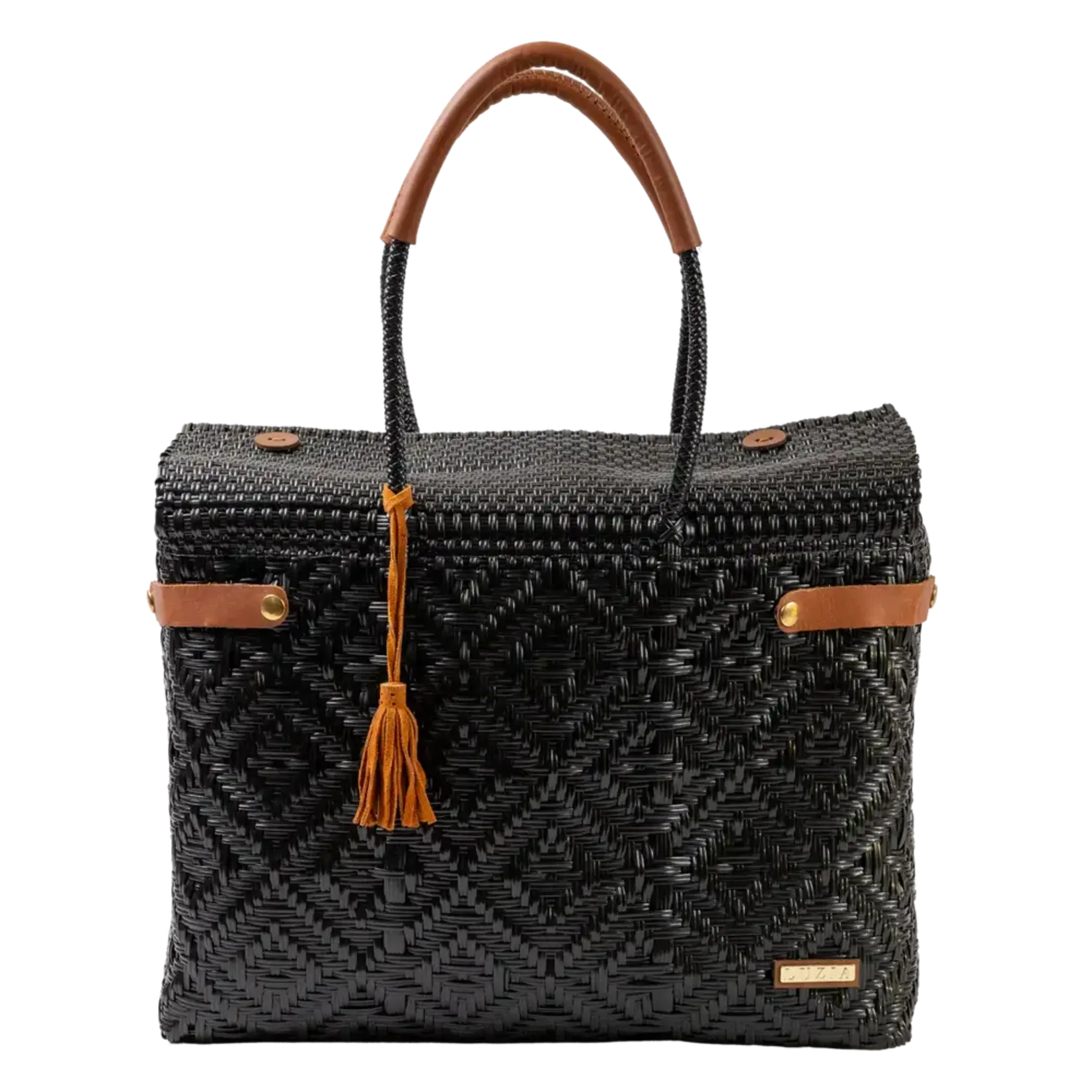 Luzia Collection Closed Basket Tote Braided Black Leather Cognac