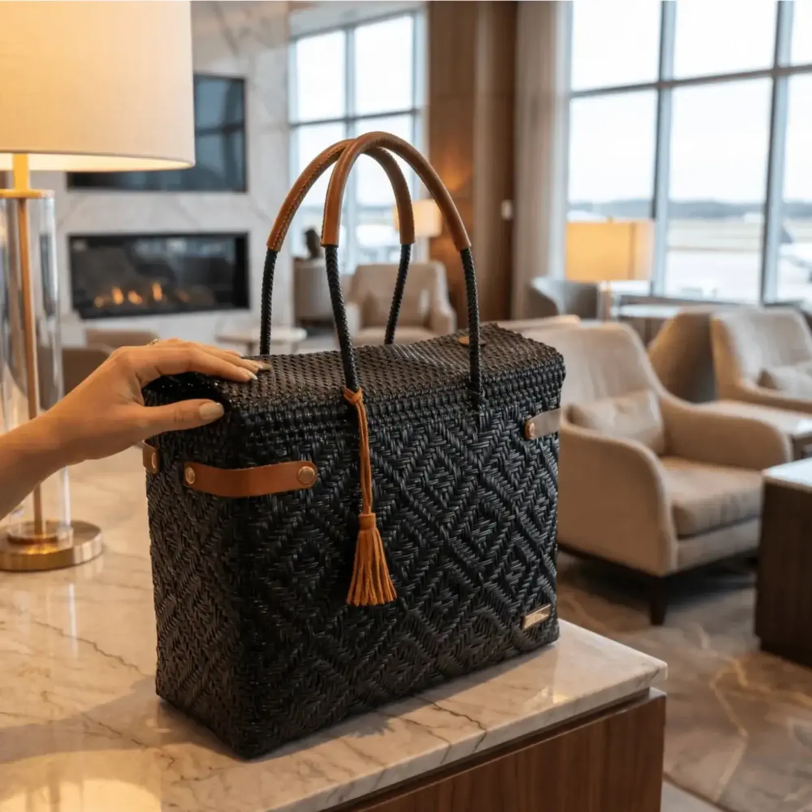 Luzia Collection Closed Basket Tote Braided Black Leather Cognac