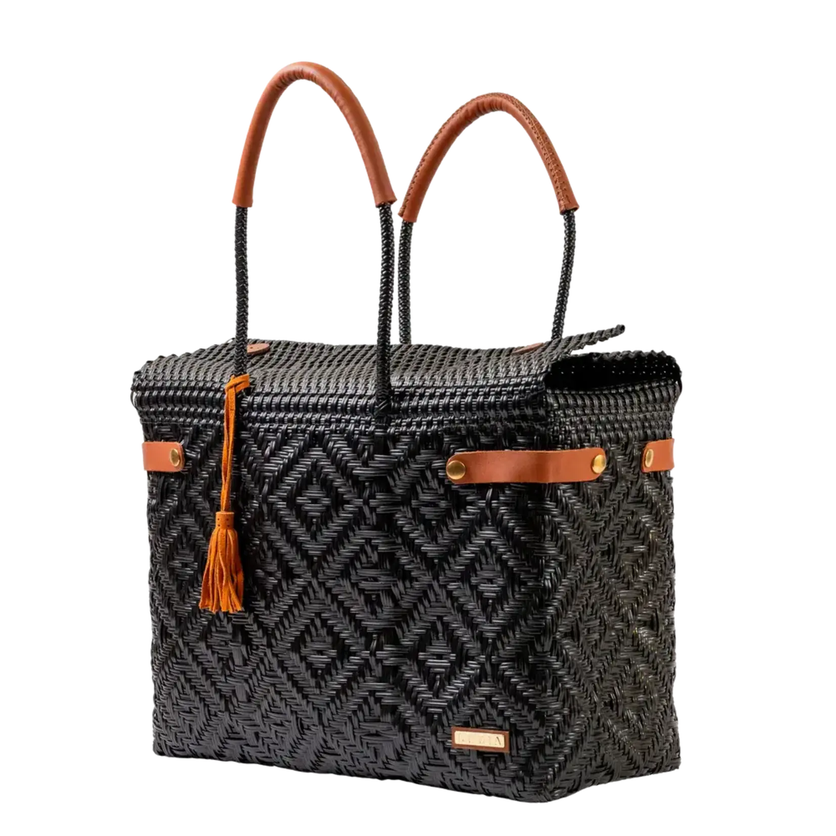 Luzia Collection Closed Basket Tote Braided Black Leather Cognac